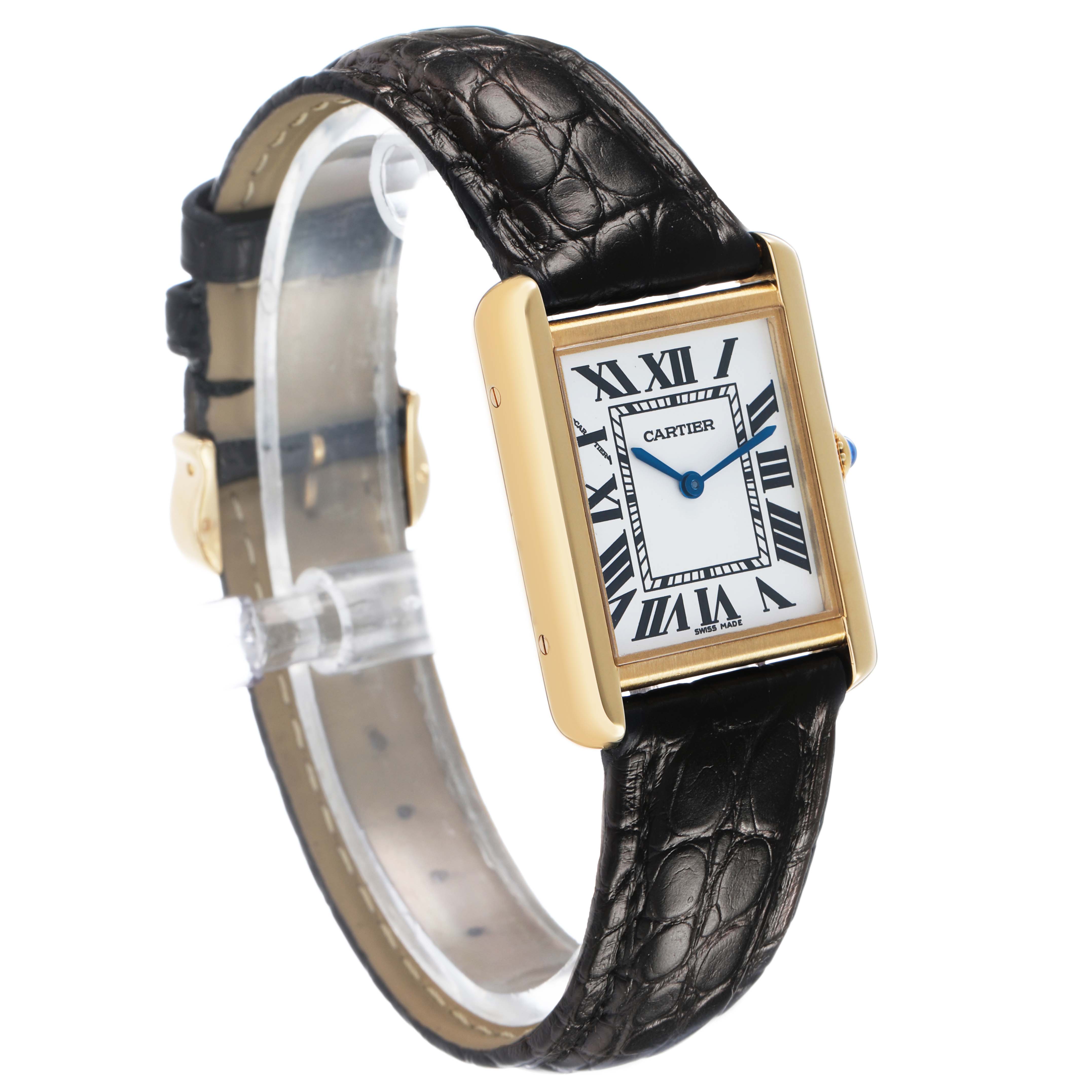 The Cartier Tank Solo W5200002 Women's Yellow Gold Silver Dial watch is shown at a slight angle, displaying the face, case, strap, and crown.