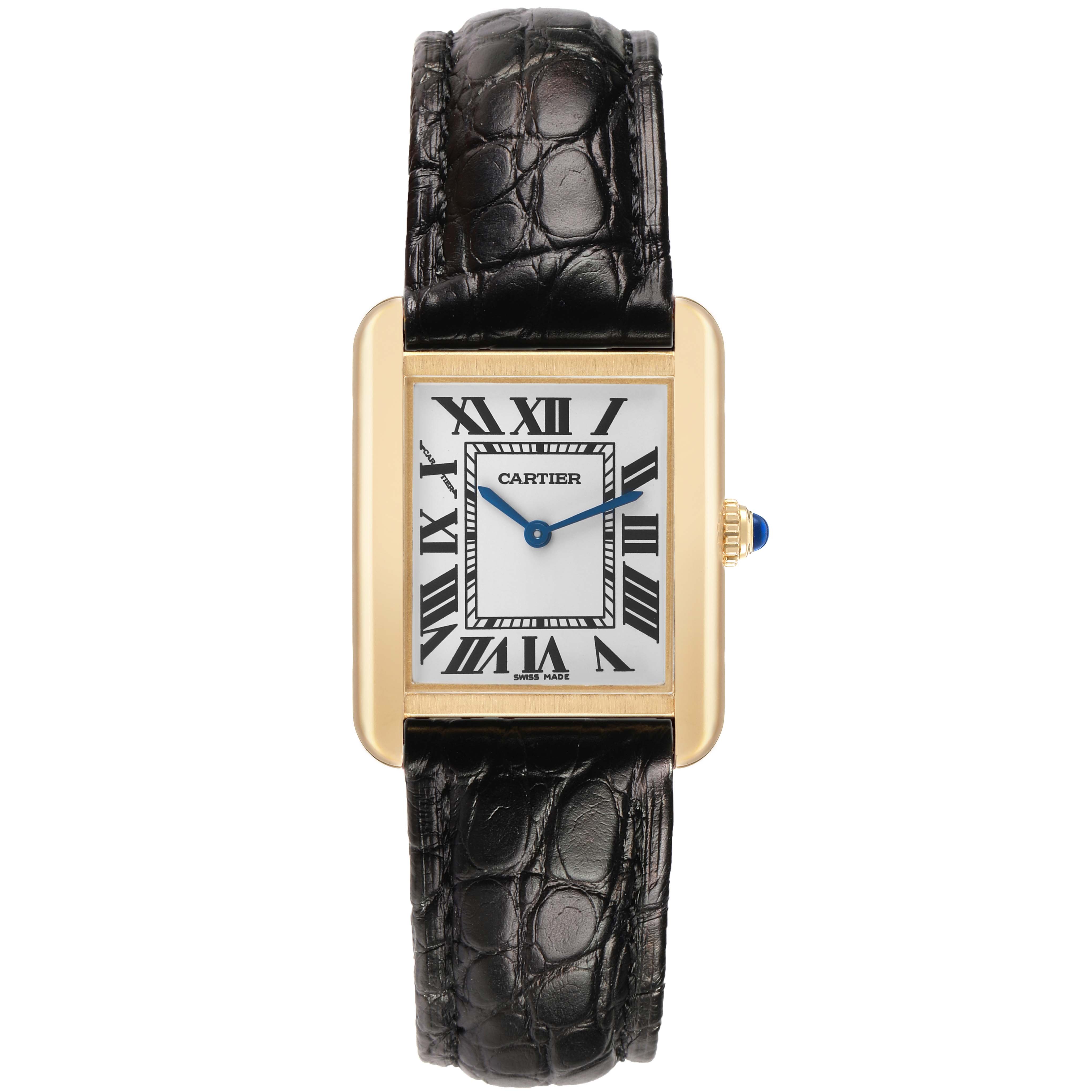 The Cartier Tank Solo W5200002 Women's Yellow Gold Silver Dial watch is shown from a front angle, displaying the face, case, and alligator strap.