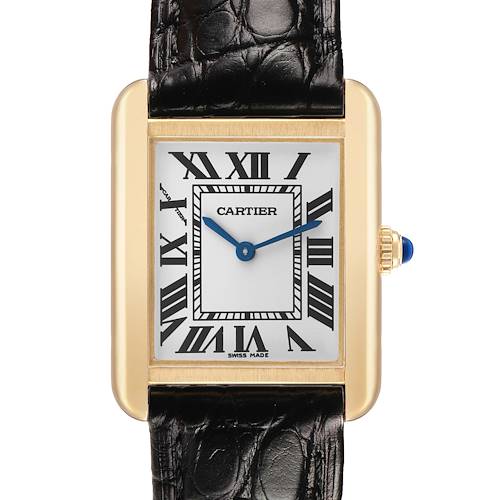 The Cartier Tank Solo W5200002 Women's Yellow Gold Silver Dial watch is shown from the front, displaying its rectangular face, Roman numerals, blue hands, and leather strap.