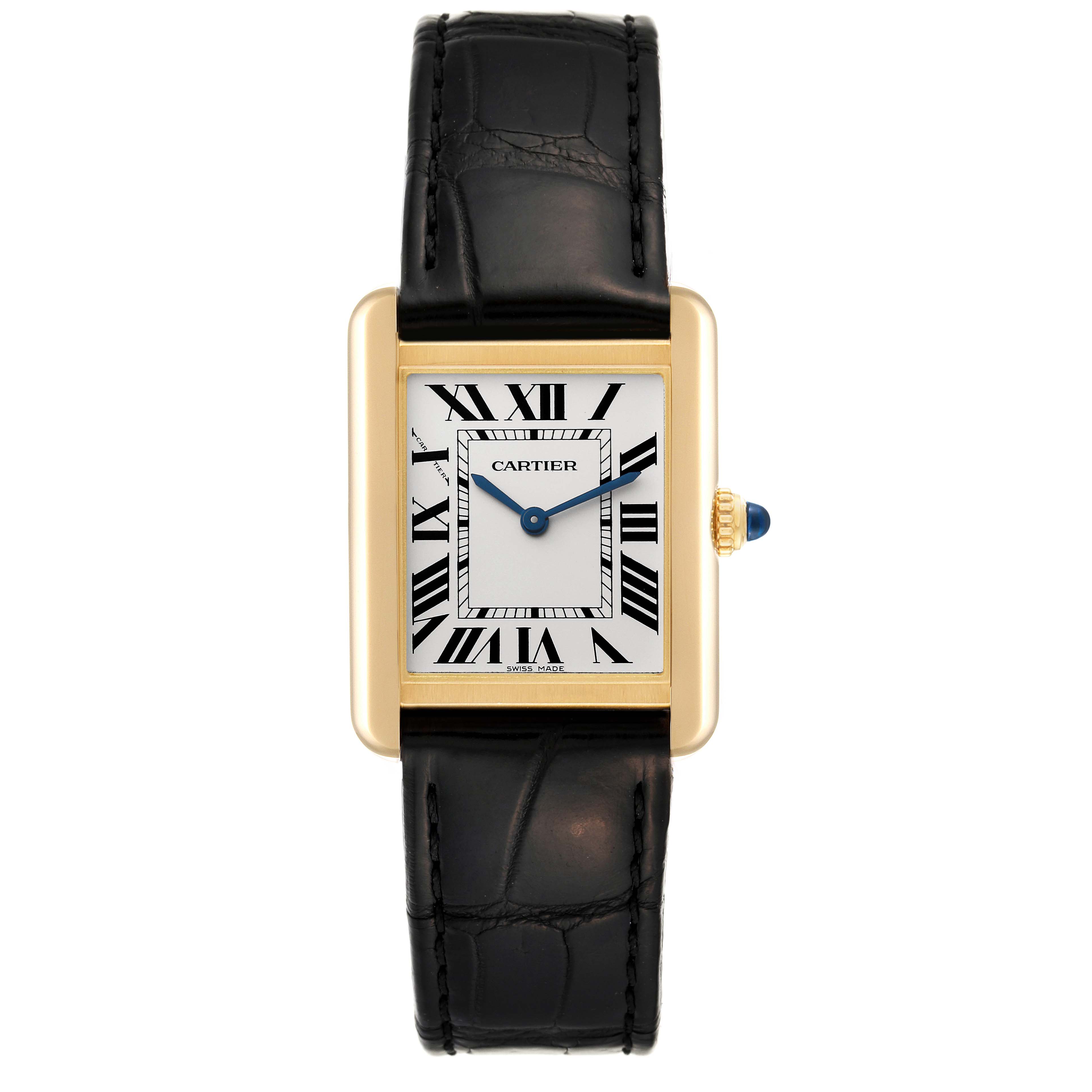 The image shows a front view of the Tank Solo model by Cartier, featuring its rectangular face, Roman numerals, and black leather strap.