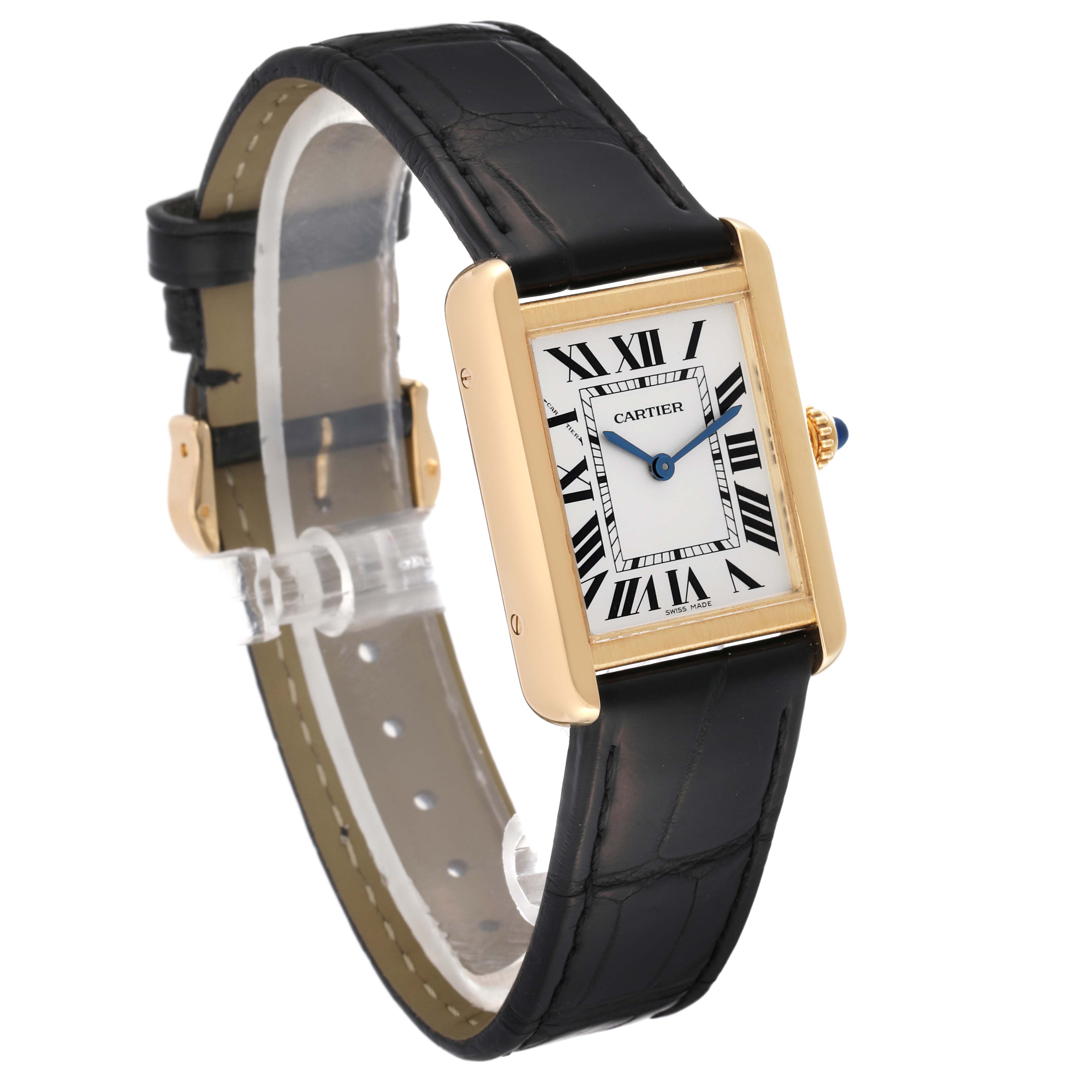 The image shows a Cartier Tank Solo W5200002 Women's Yellow Gold Silver Dial W5200002 Women's Yellow Gold Silver Dial watch from a three-quarter angle, prominently displaying the face and strap.