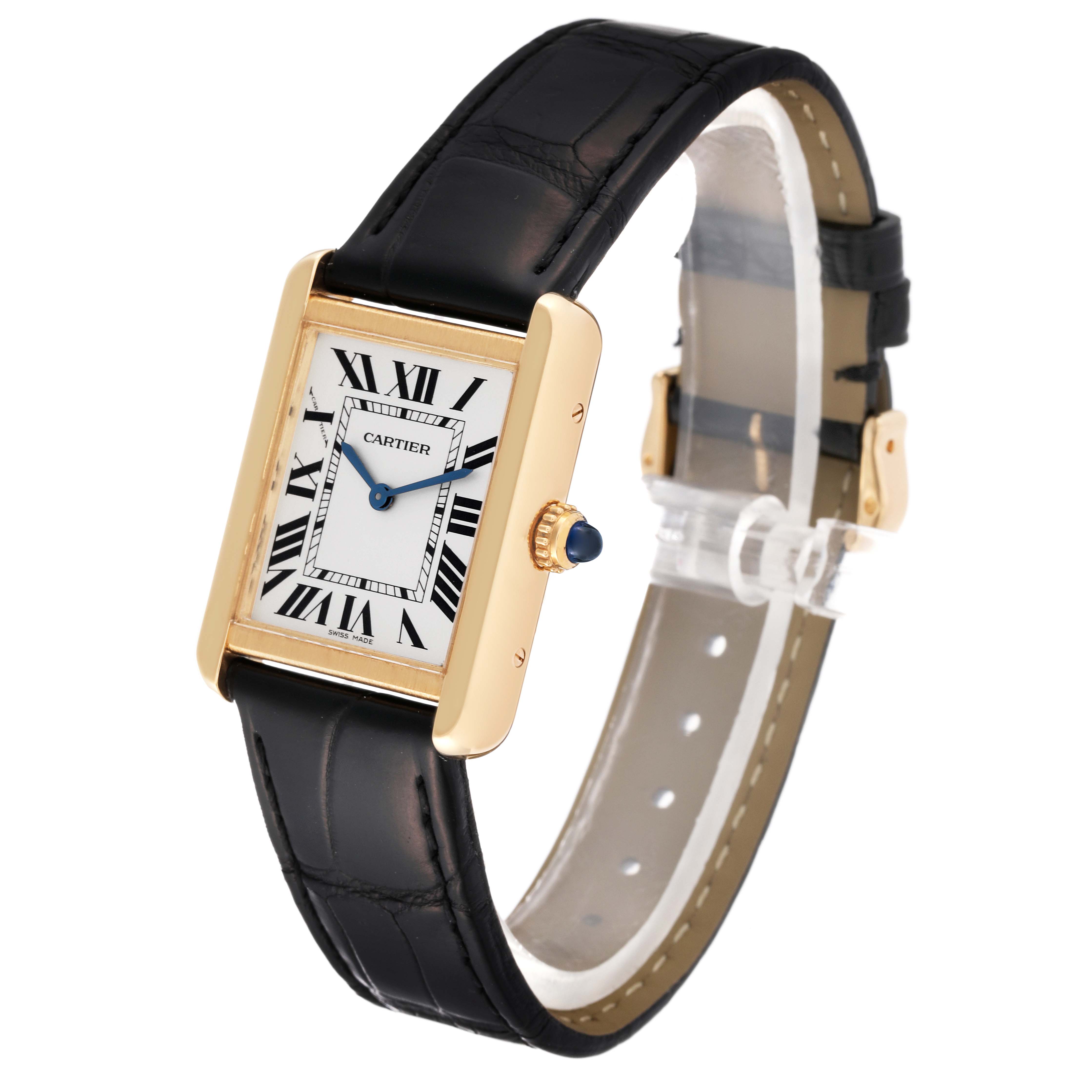 The Cartier Tank Solo W5200002 Women's Yellow Gold Silver Dial W5200002 Women's Yellow Gold Silver Dial watch is shown at a slight angle, displaying its gold case, black leather strap, and Roman numeral dial.