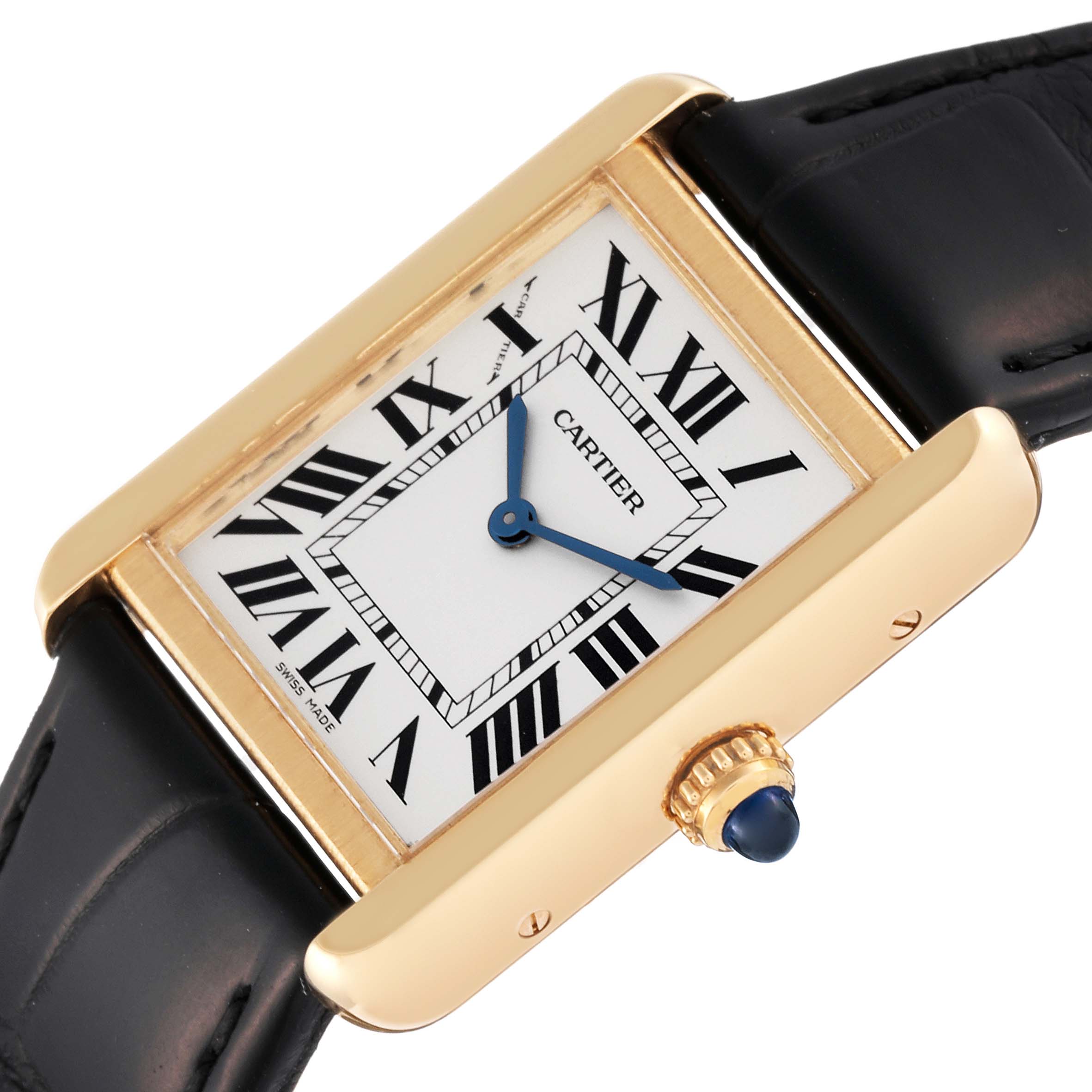 This image shows an angled view of the Cartier Tank Solo W5200002 Women's Yellow Gold Silver Dial W5200002 Women's Yellow Gold Silver Dial watch, highlighting its face, case, and partially the leather strap.