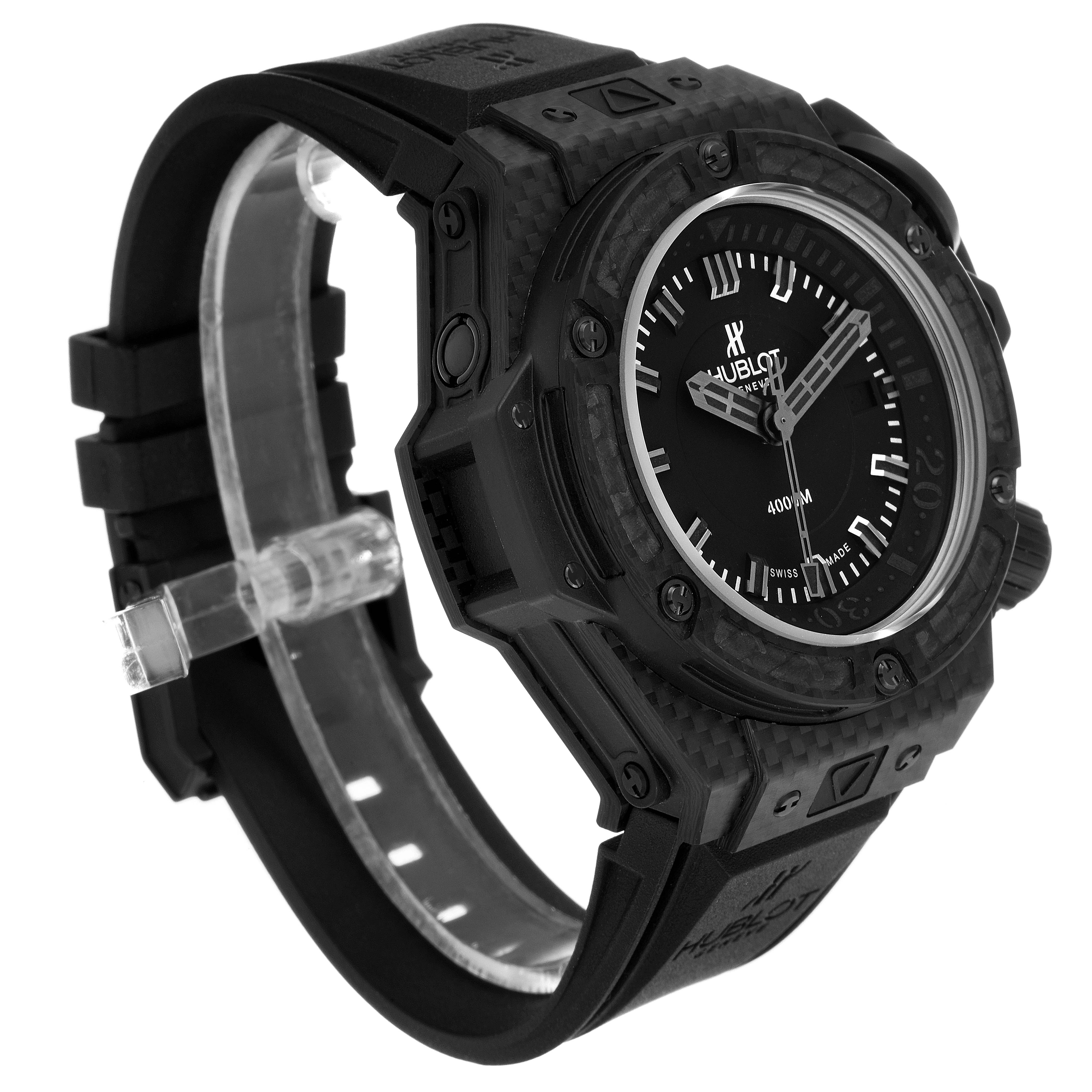 The Hublot Big Bang 731.QX.1140.RX Men's Titanium Black Dial 731.QX.1140.RX Men's Titanium Black Dial watch is shown at an angle, displaying its round dial, bezel, and rubber strap.