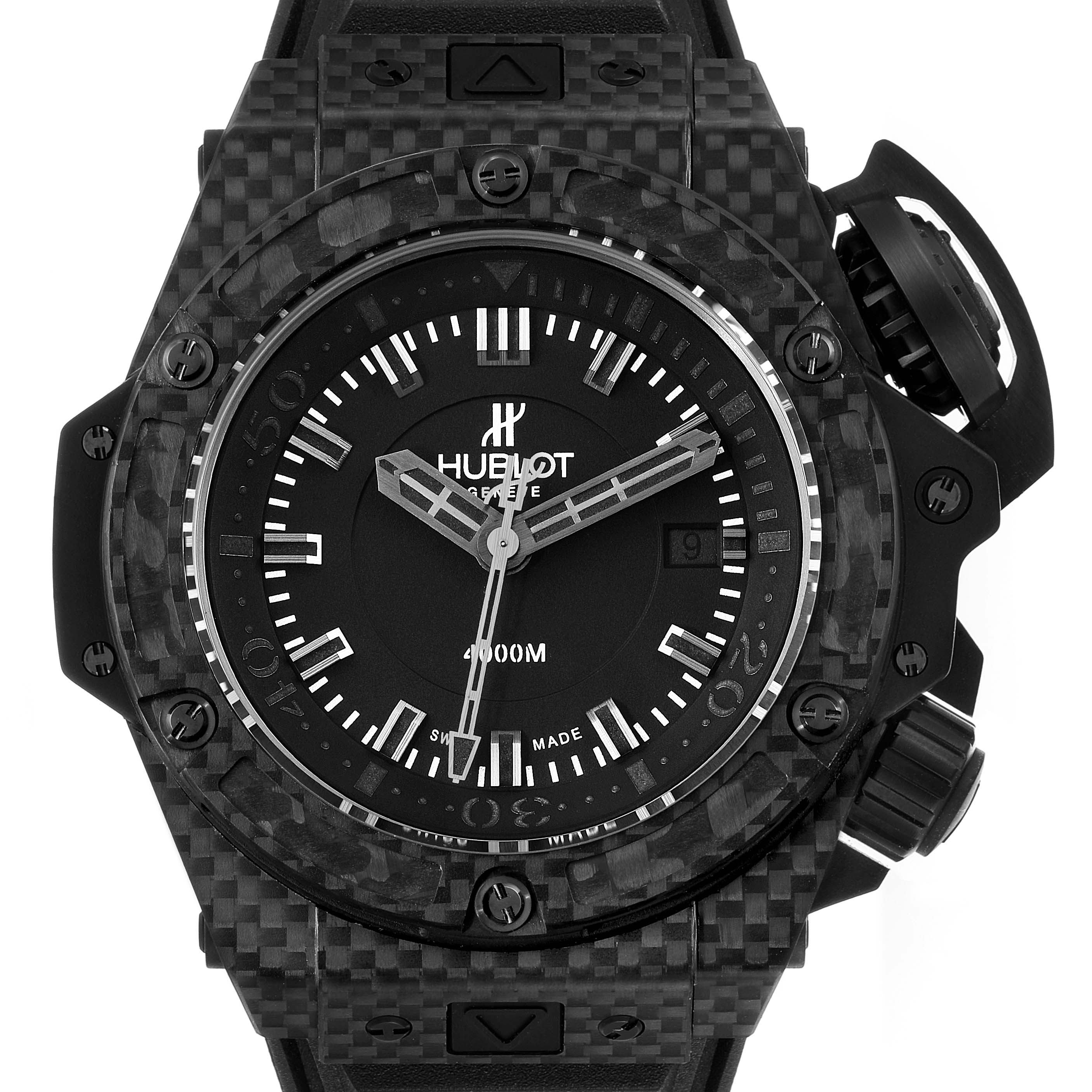 The image shows a front view of the Hublot Big Bang 731.QX.1140.RX Men's Titanium Black Dial 731.QX.1140.RX Men's Titanium Black Dial watch, highlighting its dial, hands, bezel, and crown.