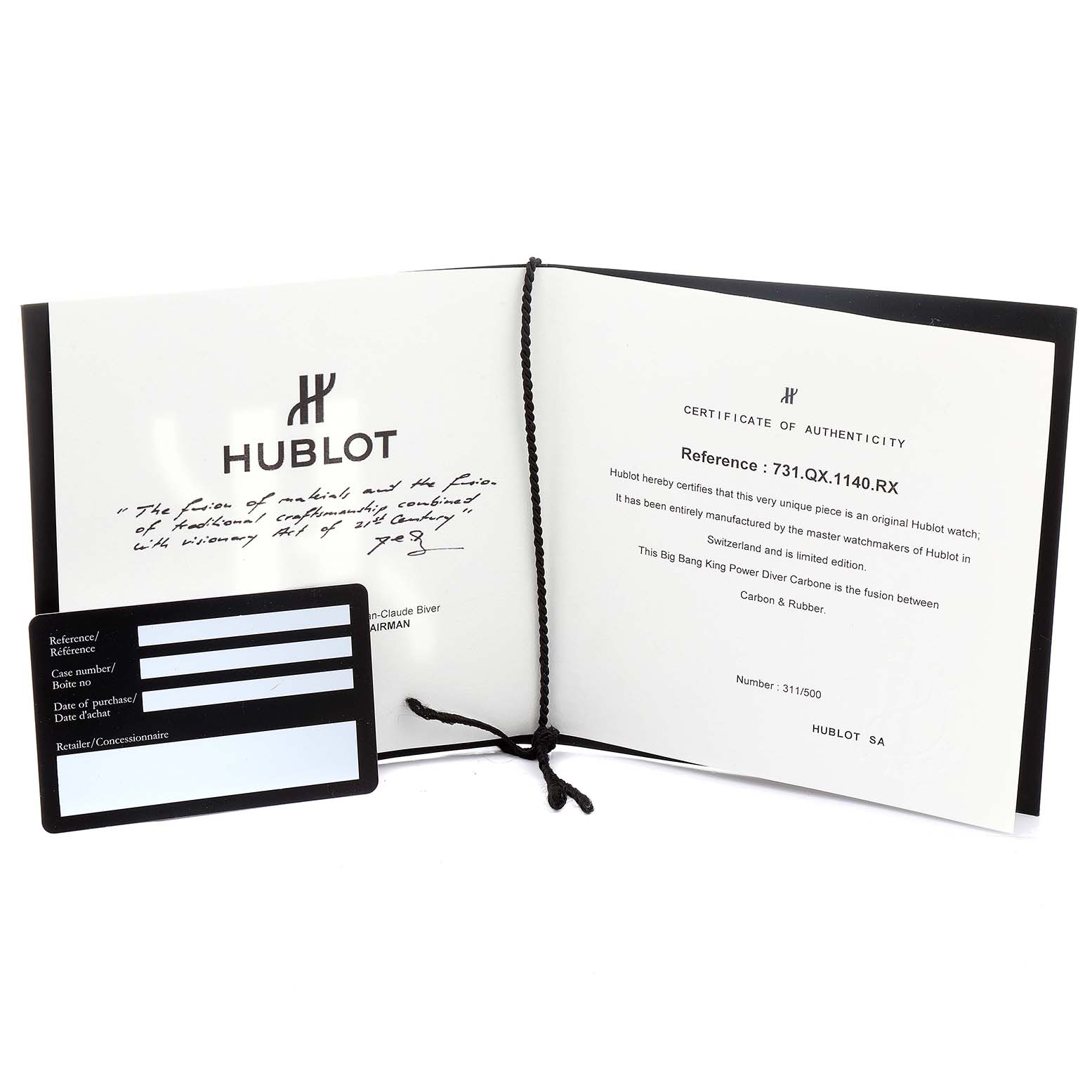 This image shows the certificate of authenticity and warranty card for the Hublot Big Bang 731.QX.1140.RX Men's Titanium Black Dial 731.QX.1140.RX Men's Titanium Black Dial model watch.