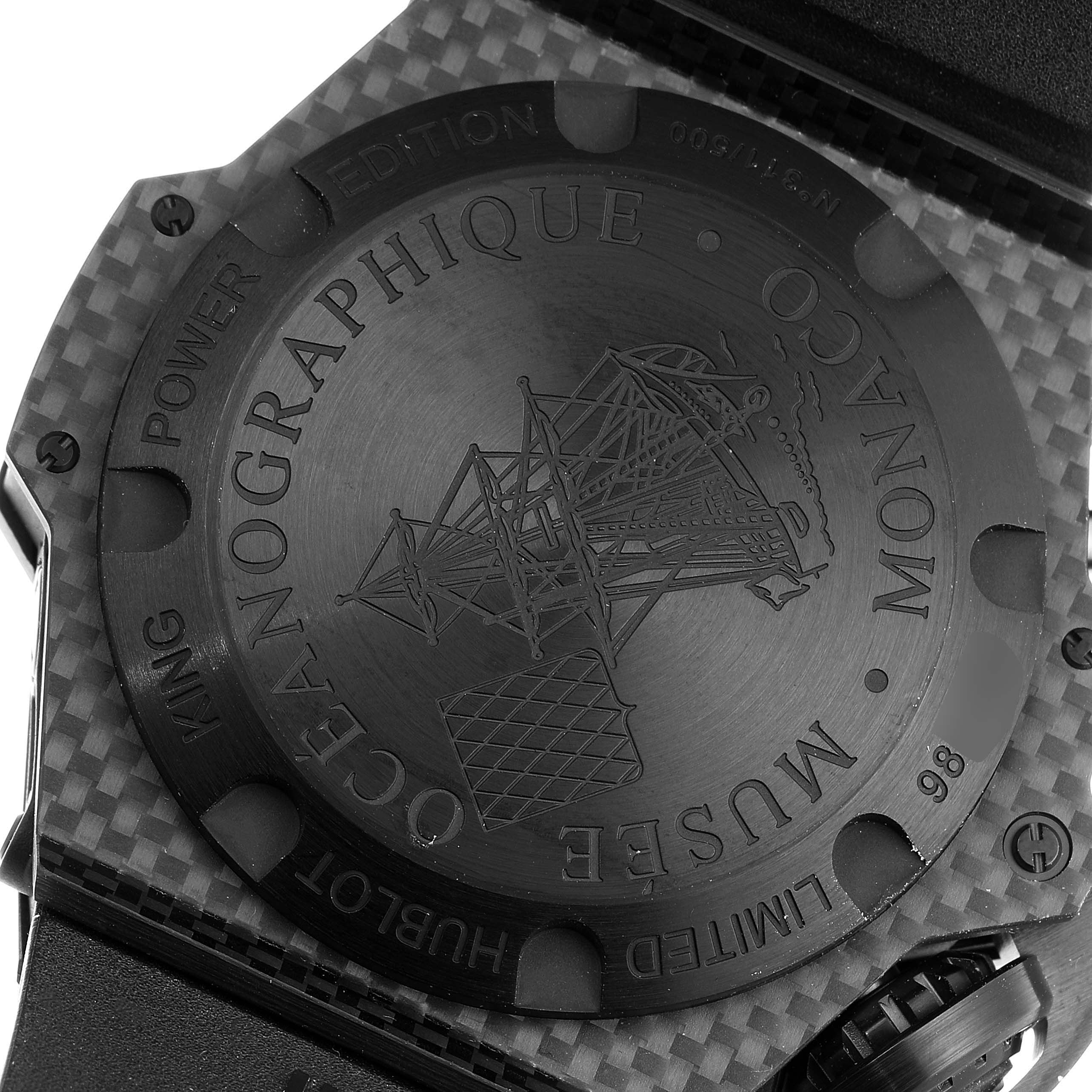 This image shows the engraved case back of a Hublot Big Bang 731.QX.1140.RX Men's Titanium Black Dial 731.QX.1140.RX Men's Titanium Black Dial watch, featuring "Monaco Oceanographique" and related details.