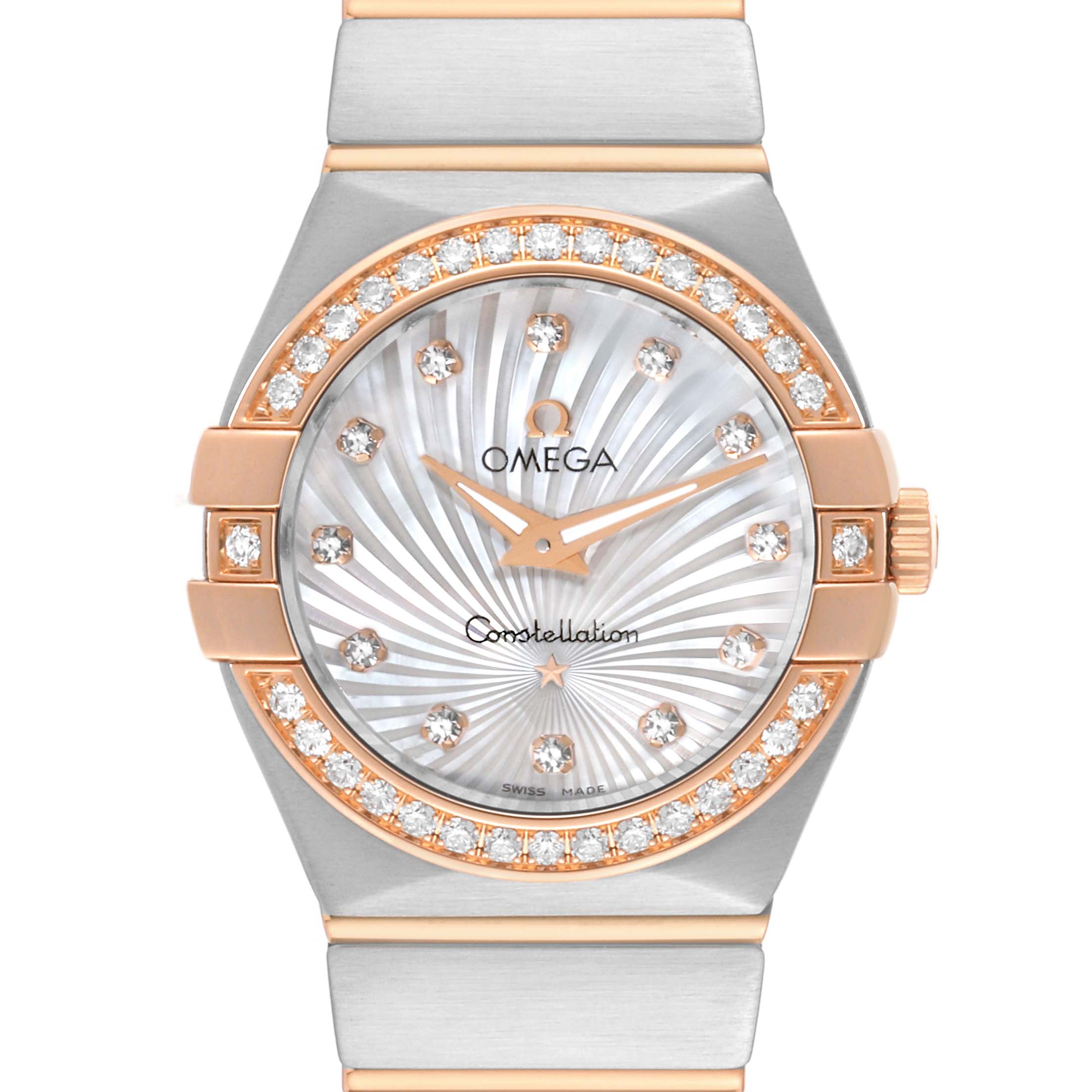 The image shows a front view of the Omega 123.25.27.60.55.002 Women's Steel and Gold (two tone) Mother of Pearl Dial 123.25.27.60.55.002 Women's Steel and Gold (two tone) Mother of Pearl Dial Constellation 27 model 123.25.27.60.55.002, highlighting its mother-of-pearl dial and diamond markers.