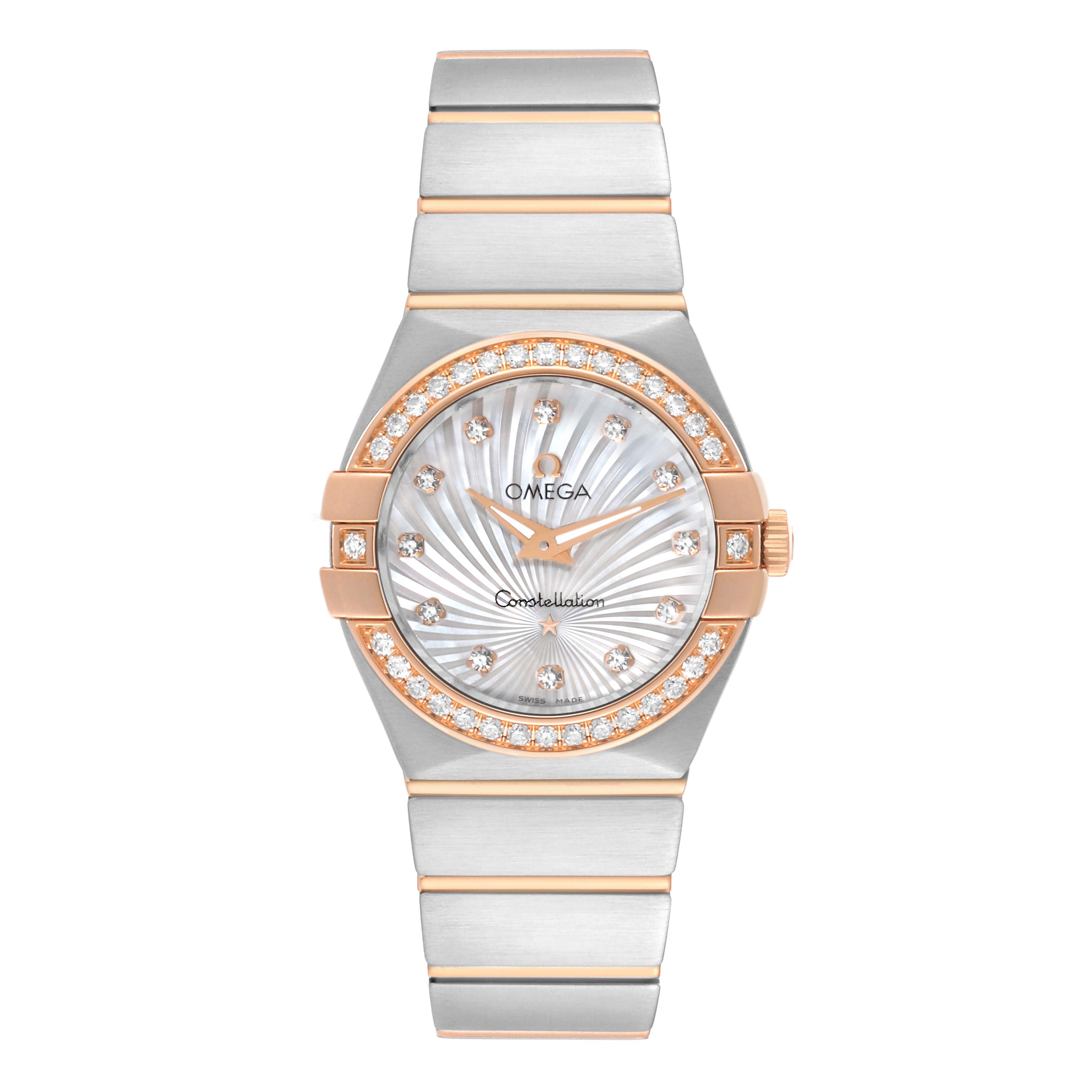 The image shows a front view of the Omega 123.25.27.60.55.002 Women's Steel and Gold (two tone) Mother of Pearl Dial 123.25.27.60.55.002 Women's Steel and Gold (two tone) Mother of Pearl Dial Constellation 27 Steel Rose Gold Mother Of Pearl Diamond Ladies Watch 123.25.27.60.55.002.