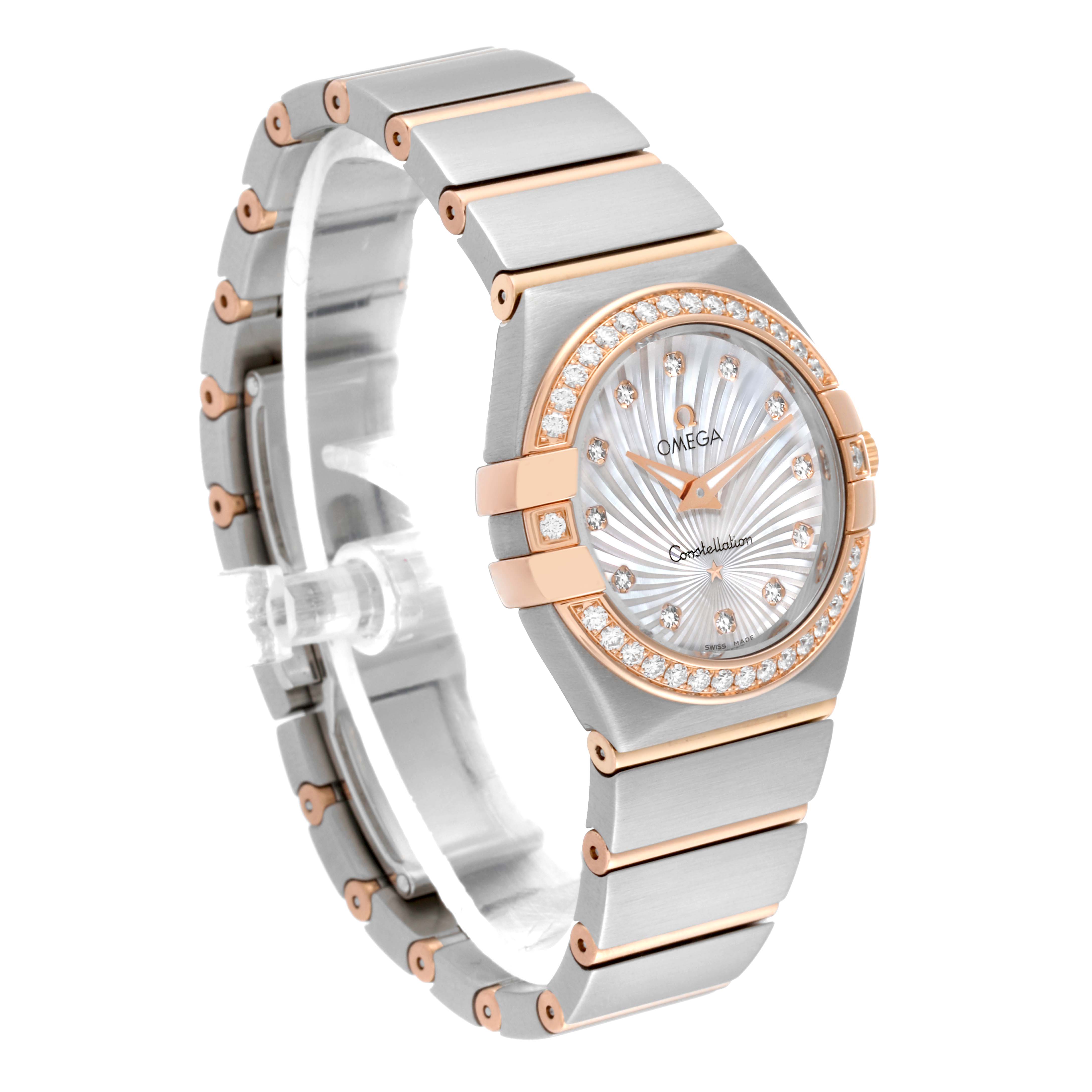 The image shows an angled side view of the Omega 123.25.27.60.55.002 Women's Steel and Gold (two tone) Mother of Pearl Dial 123.25.27.60.55.002 Women's Steel and Gold (two tone) Mother of Pearl Dial Constellation 27 Steel Rose Gold Mother Of Pearl Diamond Ladies Watch model 123.25.27.60.55.002.