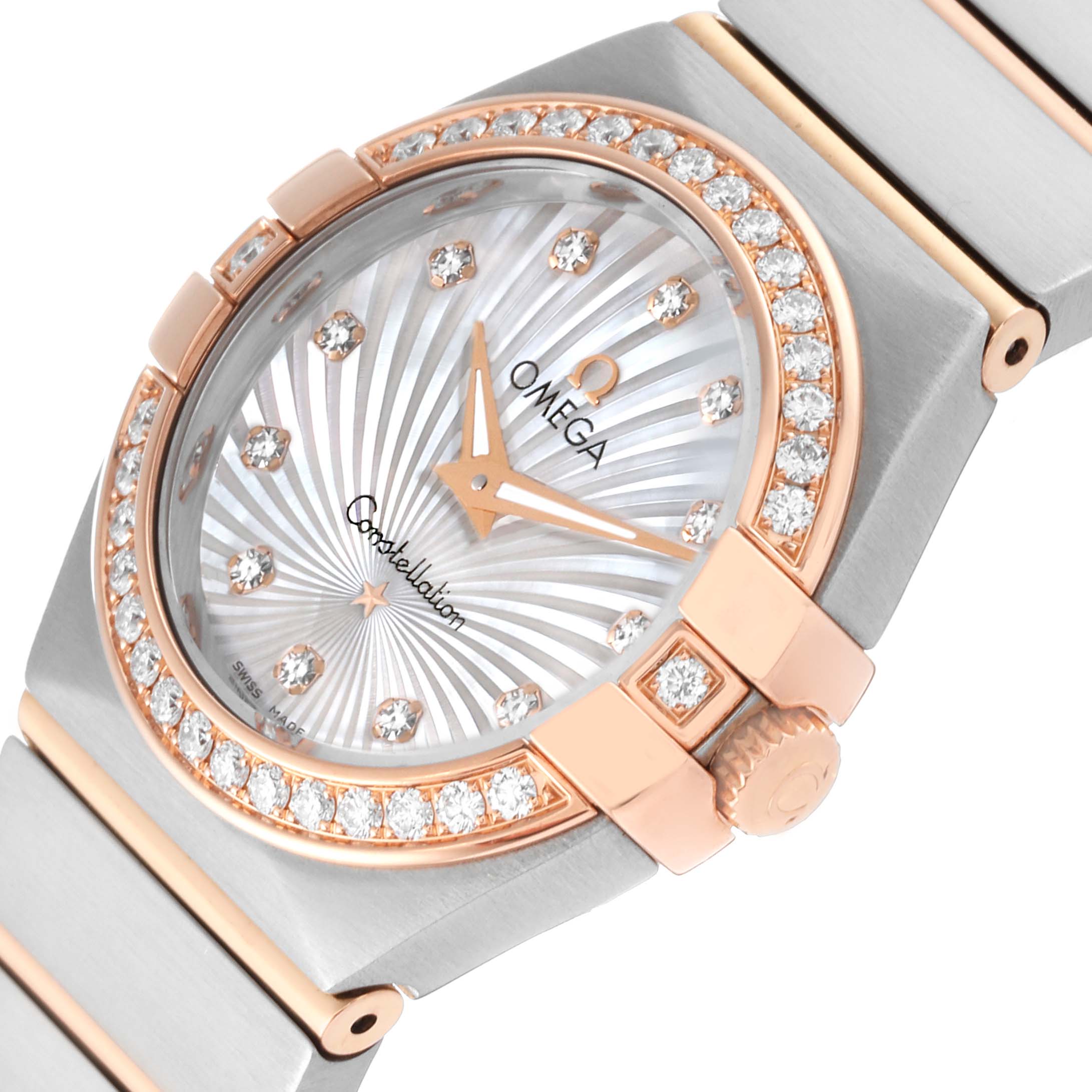 This image shows the face and bracelet of the Omega 123.25.27.60.55.002 Women's Steel and Gold (two tone) Mother of Pearl Dial 123.25.27.60.55.002 Women's Steel and Gold (two tone) Mother of Pearl Dial Constellation 27 Steel Rose Gold Mother Of Pearl Diamond Ladies Watch 123.25.27.60.55.002 at a slight angle.
