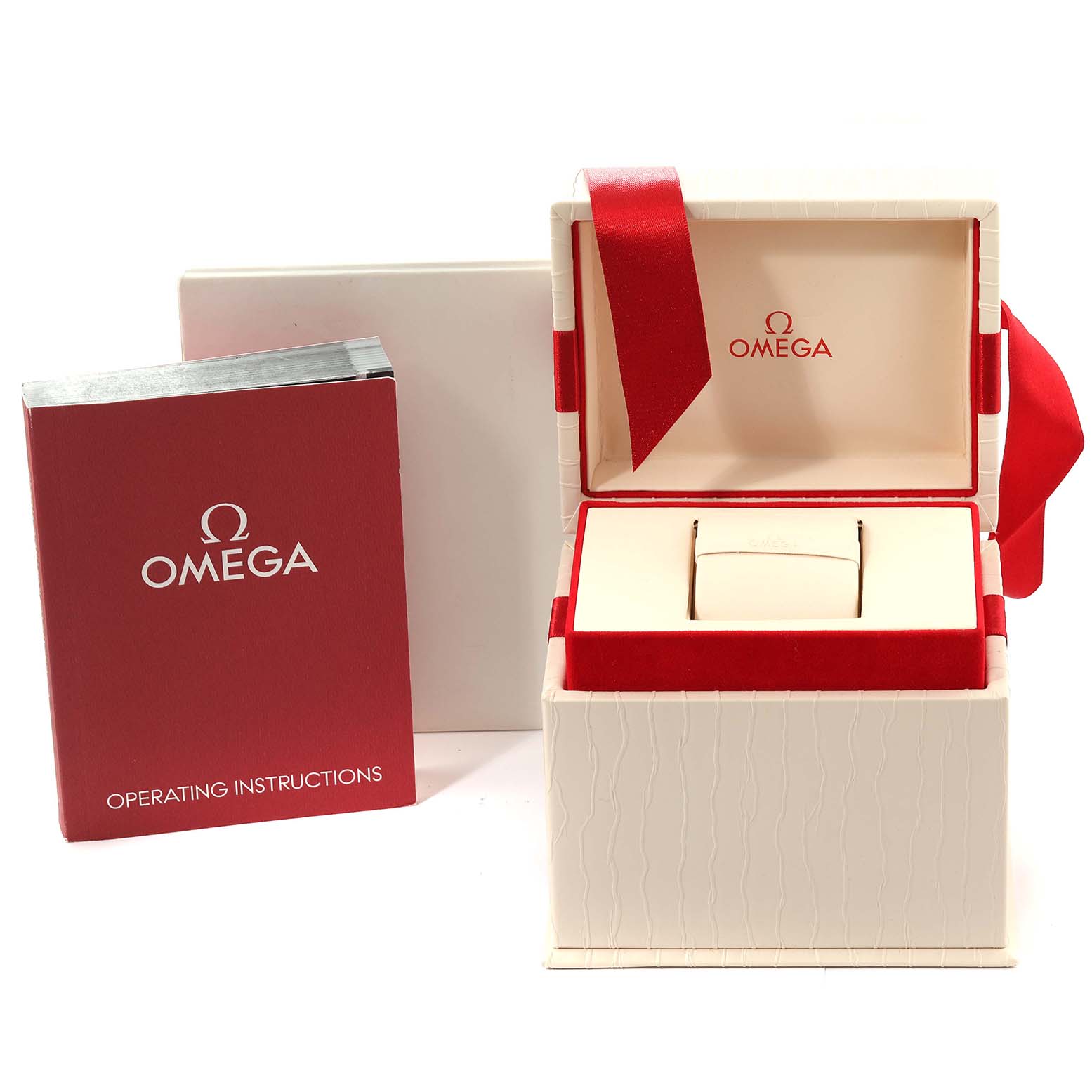 The image shows the packaging and operating instructions for the Omega 123.25.27.60.55.002 Women's Steel and Gold (two tone) Mother of Pearl Dial 123.25.27.60.55.002 Women's Steel and Gold (two tone) Mother of Pearl Dial Constellation 27 Steel Rose Gold Mother Of Pearl Diamond Ladies Watch model 123.25.27.60.55.002.