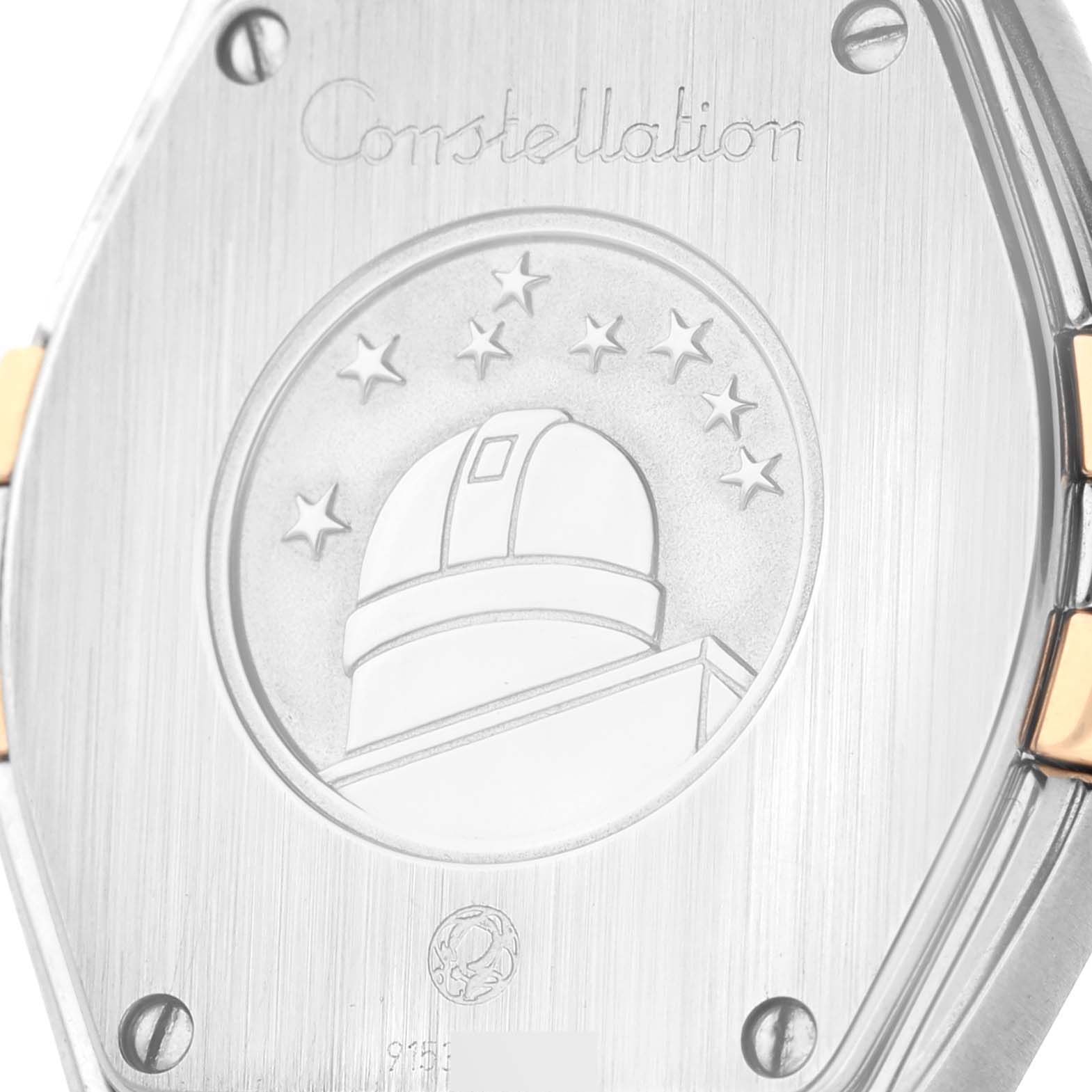 This image shows the stainless steel back case of the Omega 123.25.27.60.55.002 Women's Steel and Gold (two tone) Mother of Pearl Dial 123.25.27.60.55.002 Women's Steel and Gold (two tone) Mother of Pearl Dial Constellation 27 model 123.25.27.60.55.002 watch.