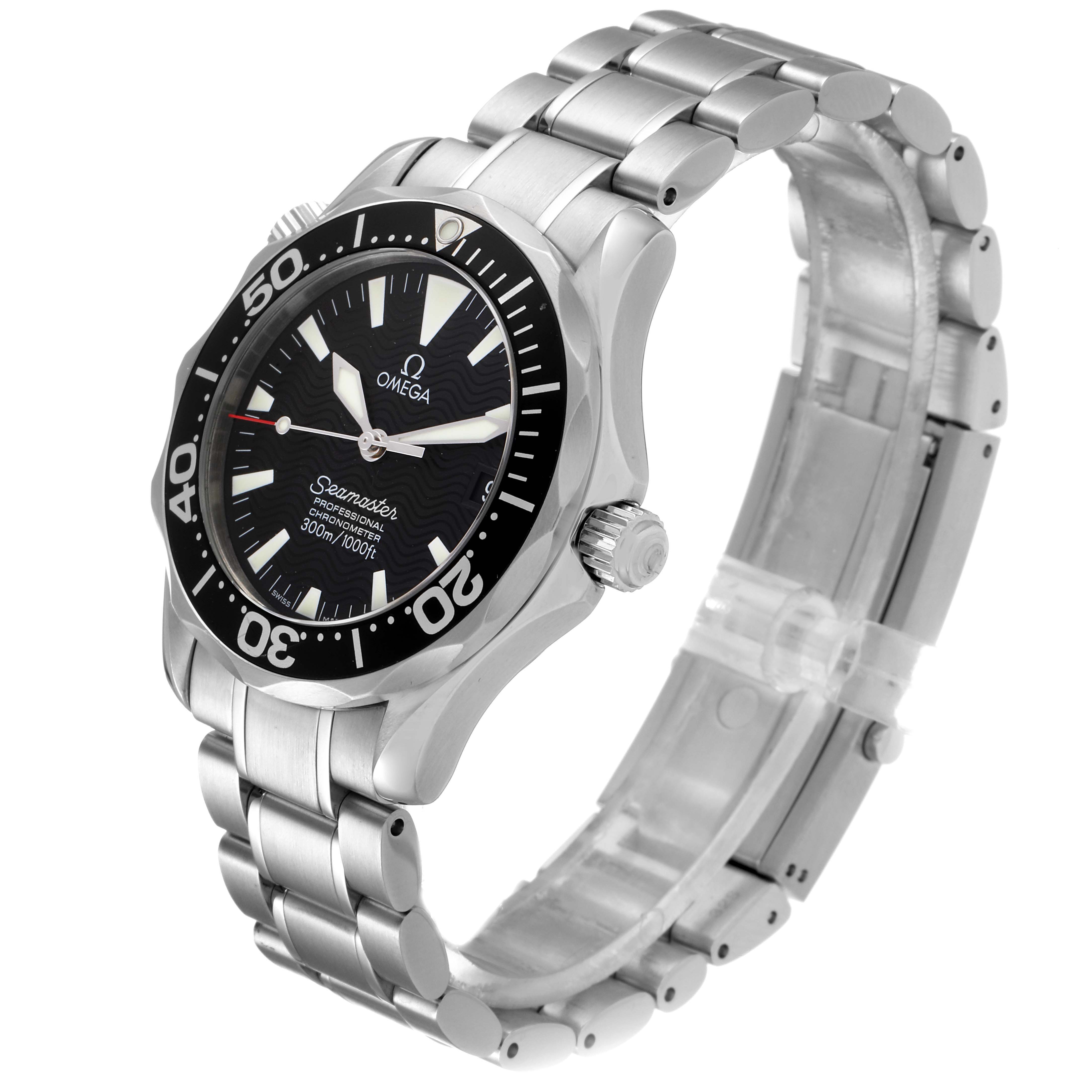 The image showcases an Omega Seamaster 2252.50.00 Men
s Stainless Steel Black Dial 2252.50.00 Men
s Stainless Steel Black Dial watch at a slight angle, highlighting its dial, bezel, crown, and stainless steel bracelet.