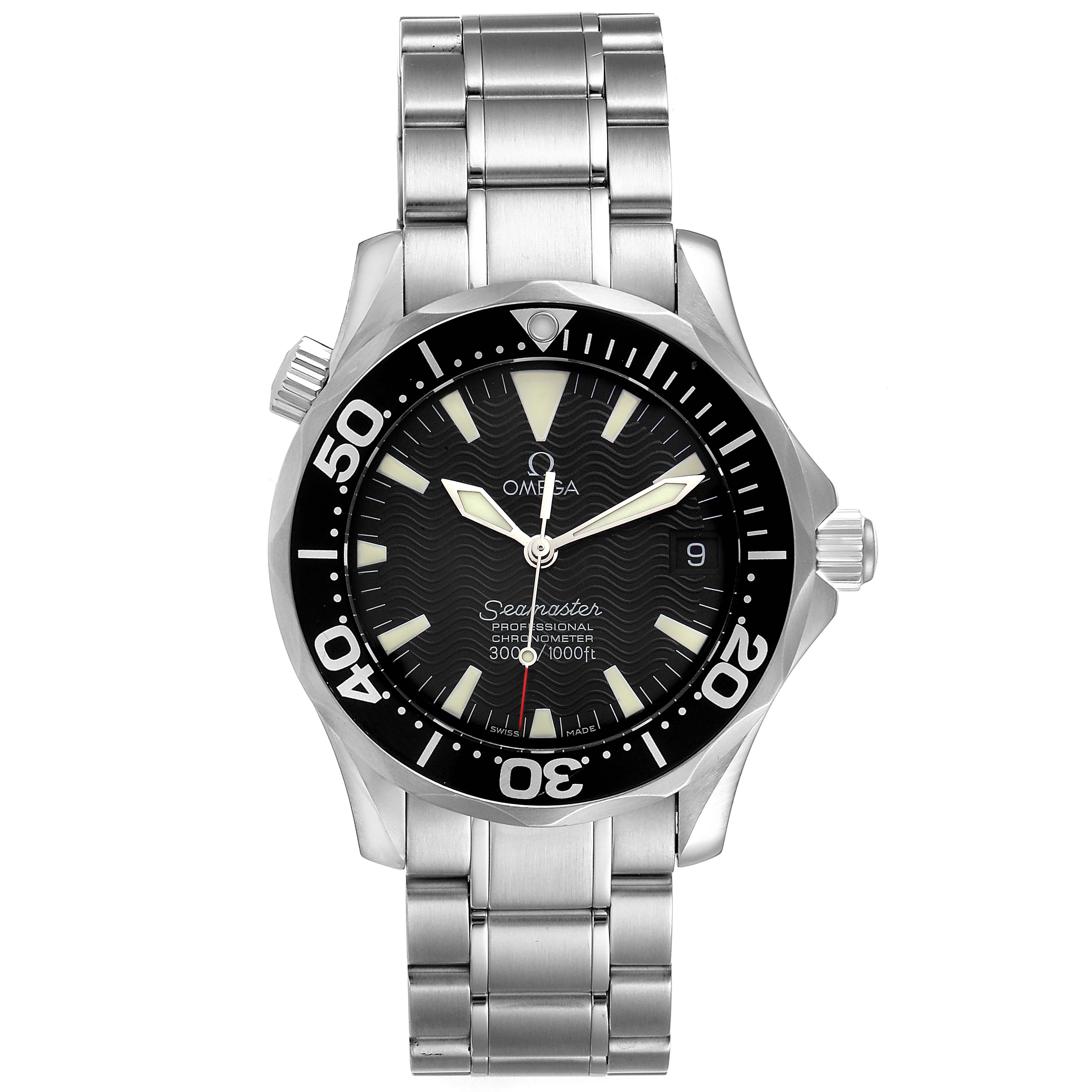 The image shows a front view of the Omega Seamaster 2252.50.00 Men
s Stainless Steel Black Dial 2252.50.00 Men
s Stainless Steel Black Dial watch, displaying its face, bezel, hands, date window, and stainless steel bracelet.