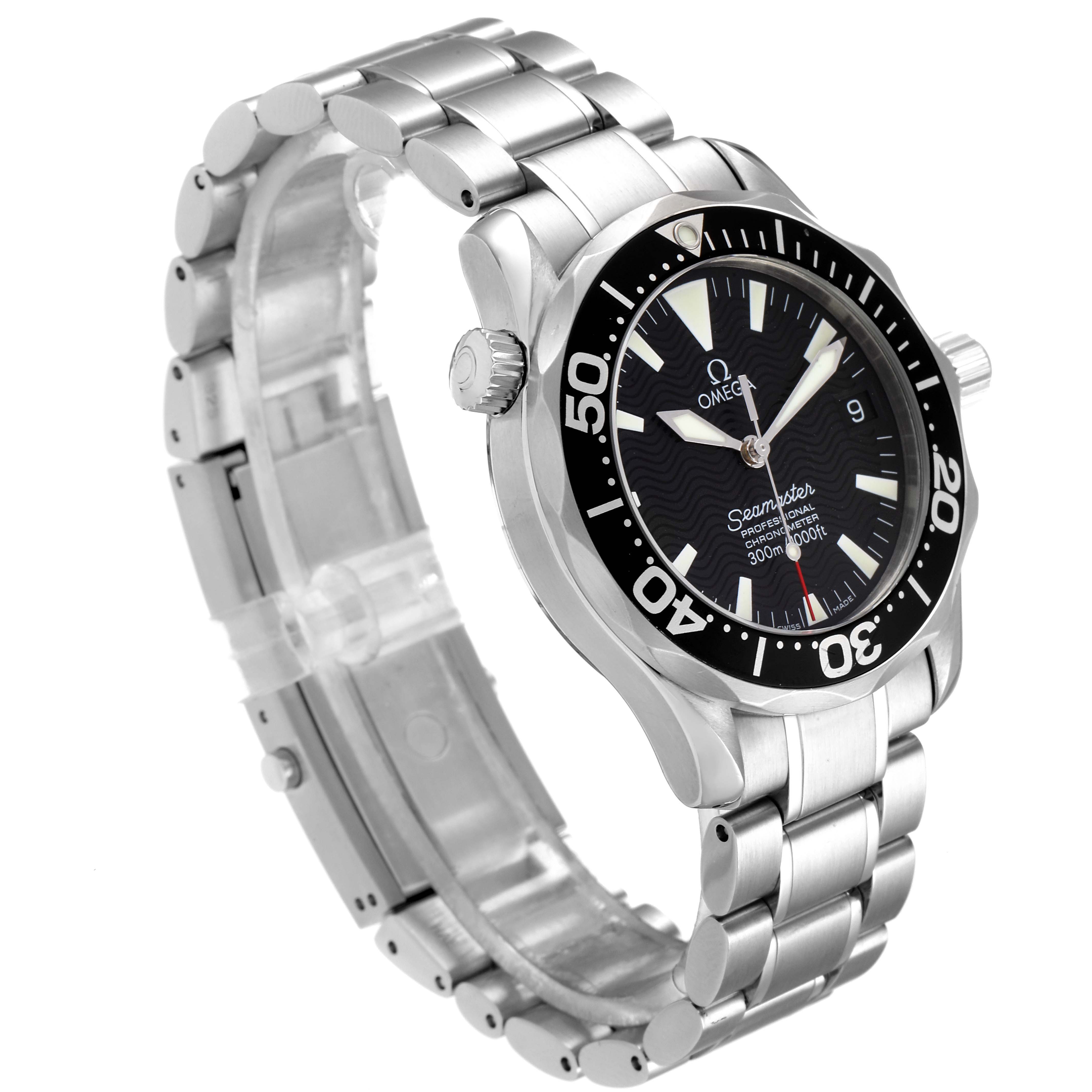 The Omega Seamaster 2252.50.00 Men
s Stainless Steel Black Dial 2252.50.00 Men
s Stainless Steel Black Dial watch is shown at a slight angle from the side, highlighting its stainless steel bracelet, bezel, and dial.