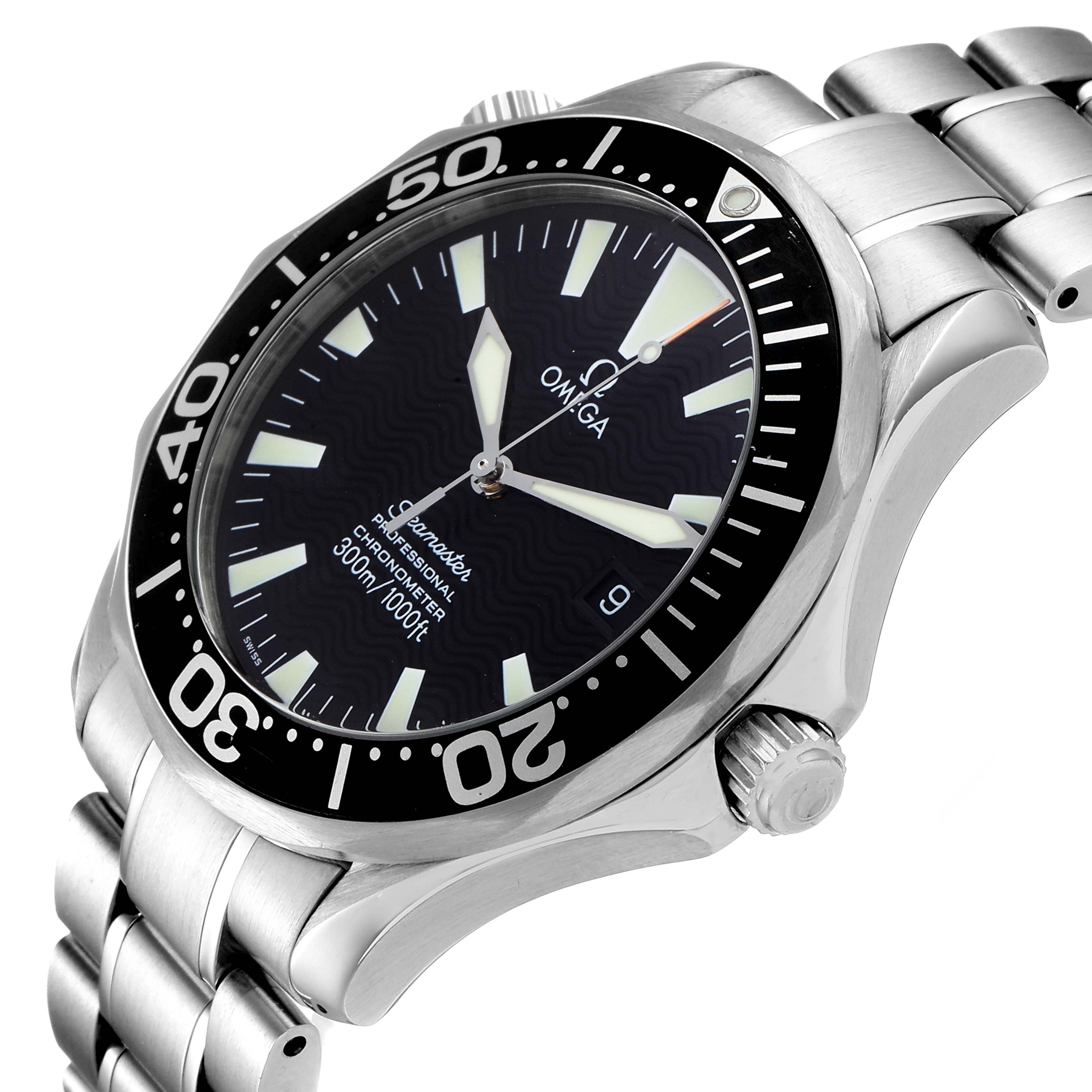 The image shows an angled view of the Omega Seamaster 2254.50.00 Men
s Stainless Steel Black Dial 2254.50.00 Men
s Stainless Steel Black Dial watch, focusing on the dial, bezel, and part of the bracelet.