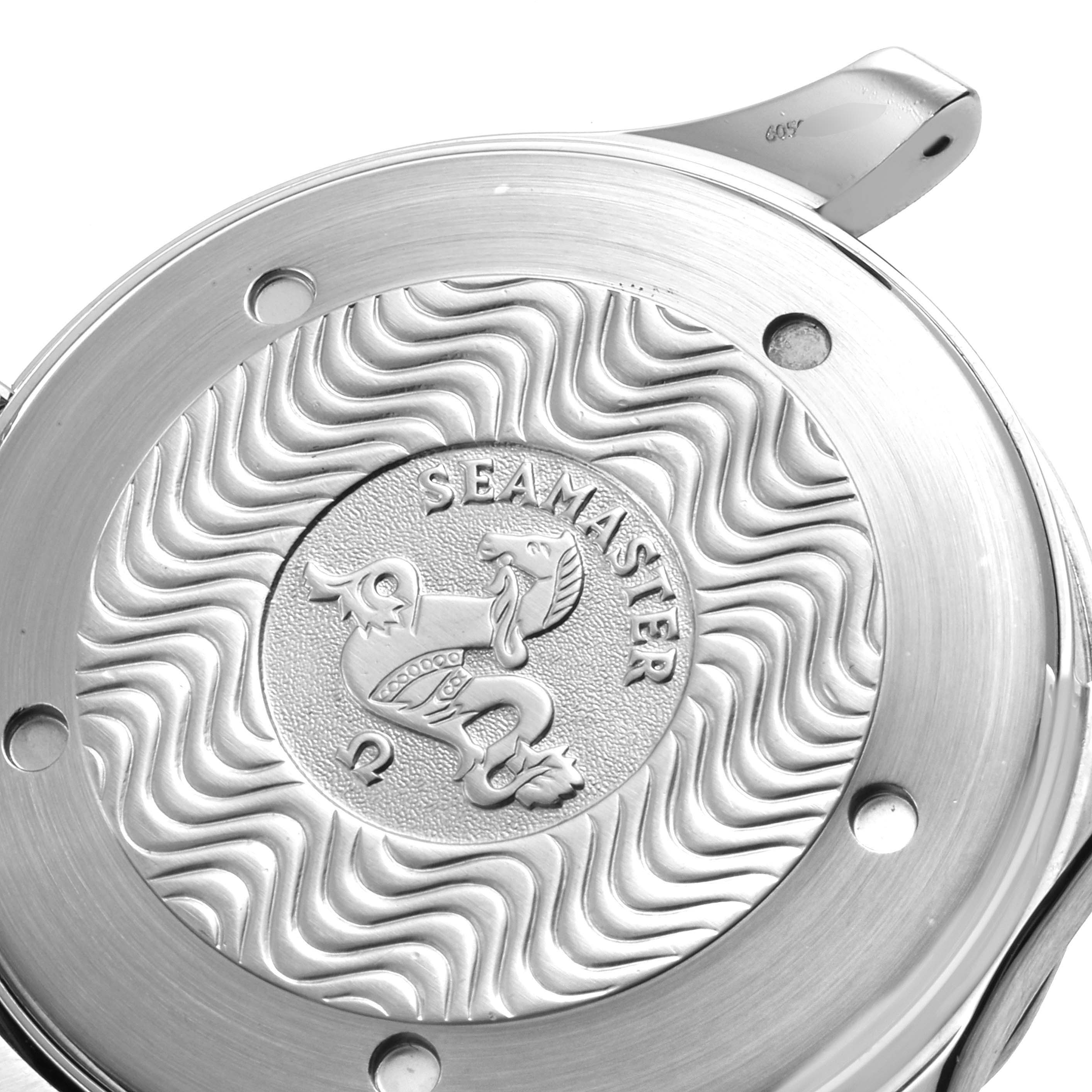 This image shows the case back of an Omega Seamaster 2254.50.00 Men
s Stainless Steel Black Dial 2254.50.00 Men
s Stainless Steel Black Dial watch with engraved detailing.