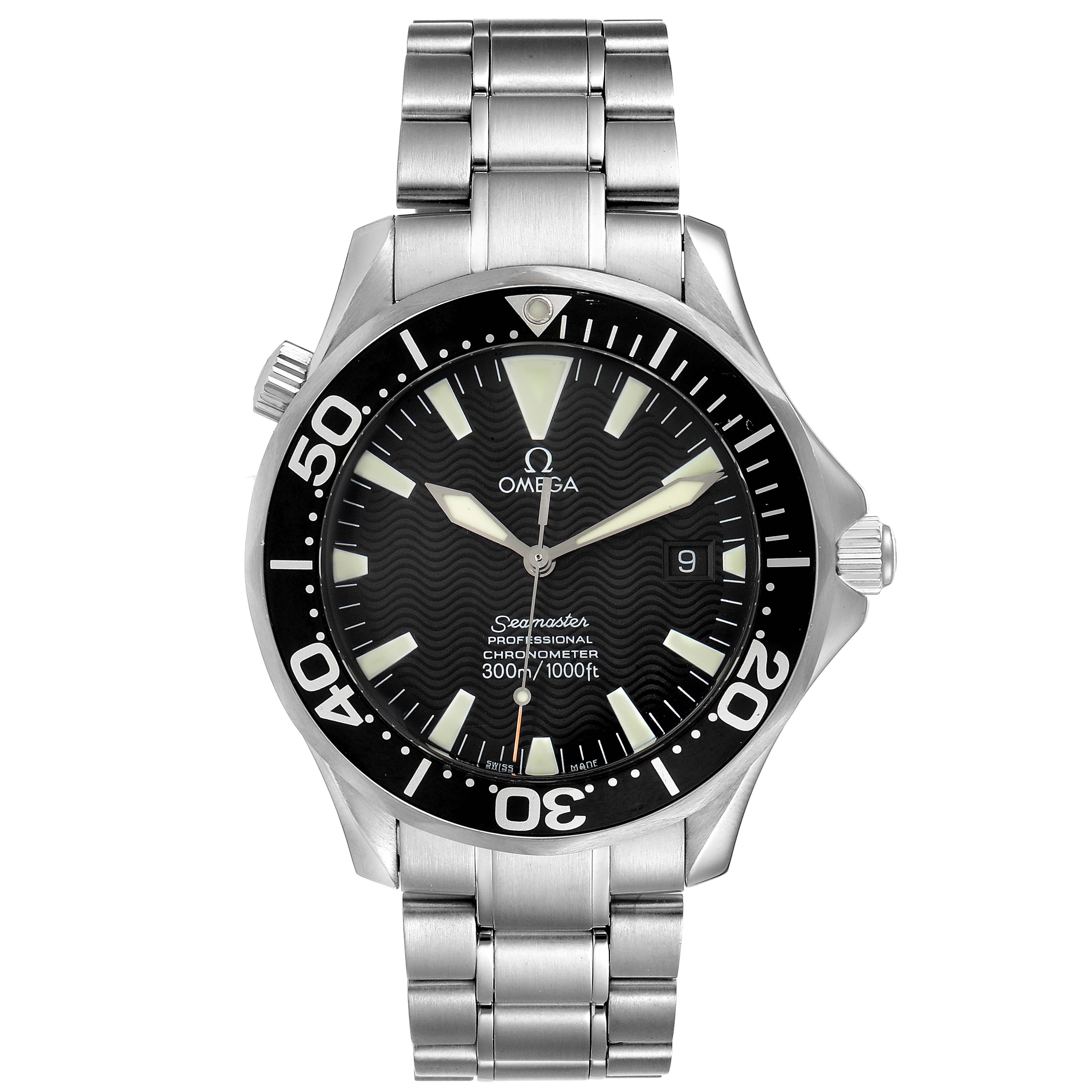 The image shows a front view of an Omega Seamaster 2254.50.00 Men
s Stainless Steel Black Dial 2254.50.00 Men
s Stainless Steel Black Dial watch, displaying the face, bezel, crown, and metal bracelet.