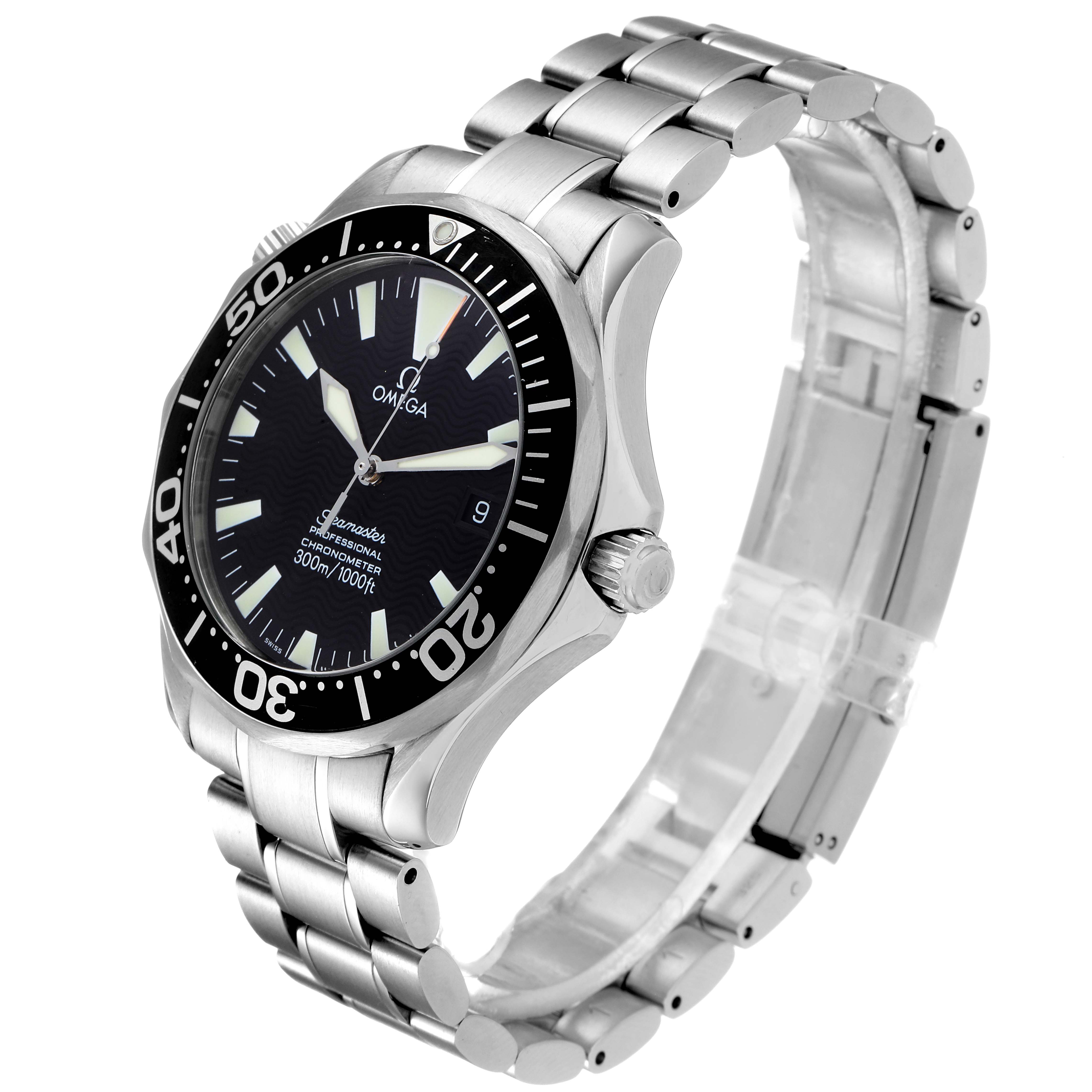 The image shows a side angle of the Omega Seamaster 2254.50.00 Men
s Stainless Steel Black Dial 2254.50.00 Men
s Stainless Steel Black Dial watch, highlighting the dial, bezel, crown, and stainless steel bracelet.