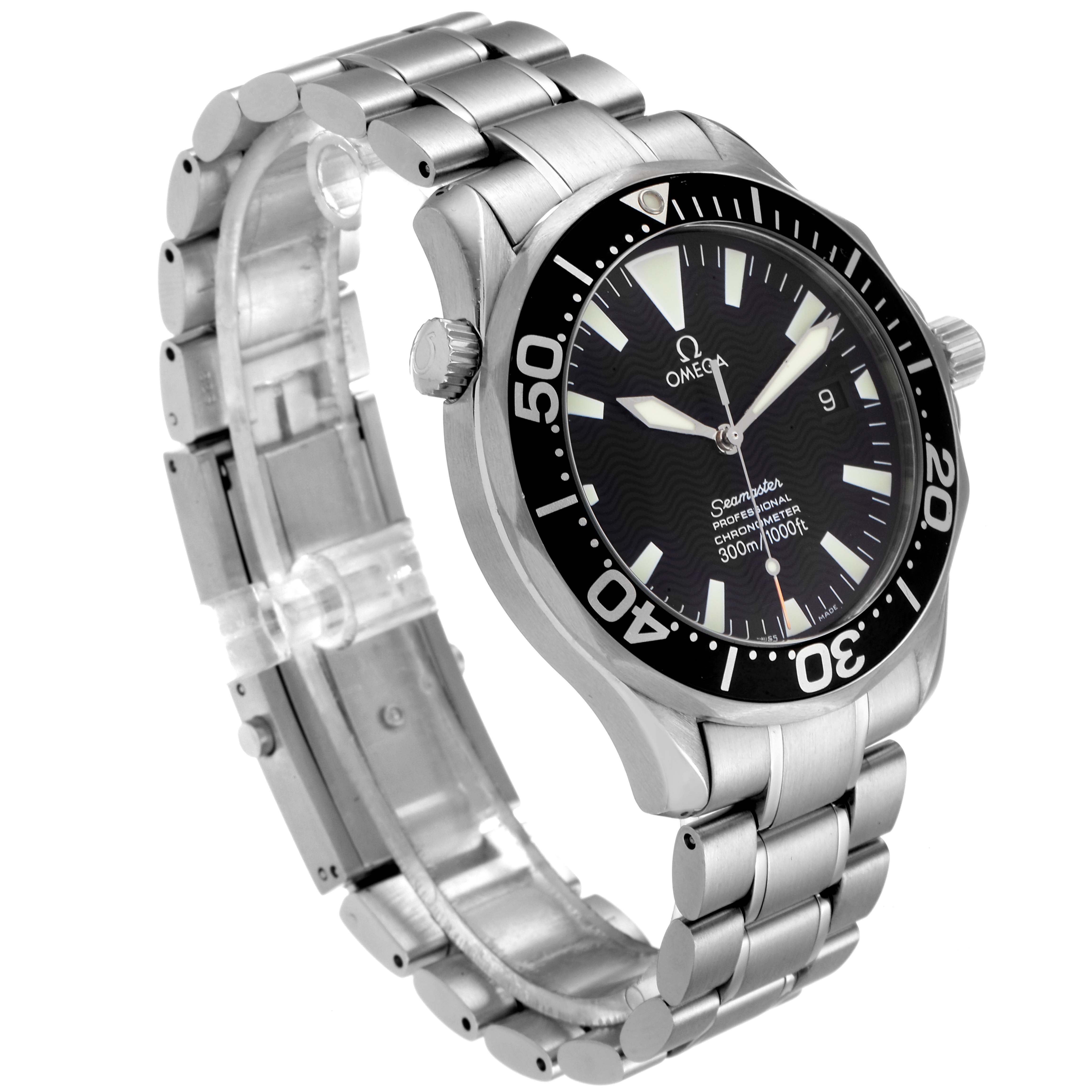 The Omega Seamaster 2254.50.00 Men
s Stainless Steel Black Dial 2254.50.00 Men
s Stainless Steel Black Dial watch is shown at a three-quarter angle, displaying the dial, bezel, crown, and stainless steel bracelet.