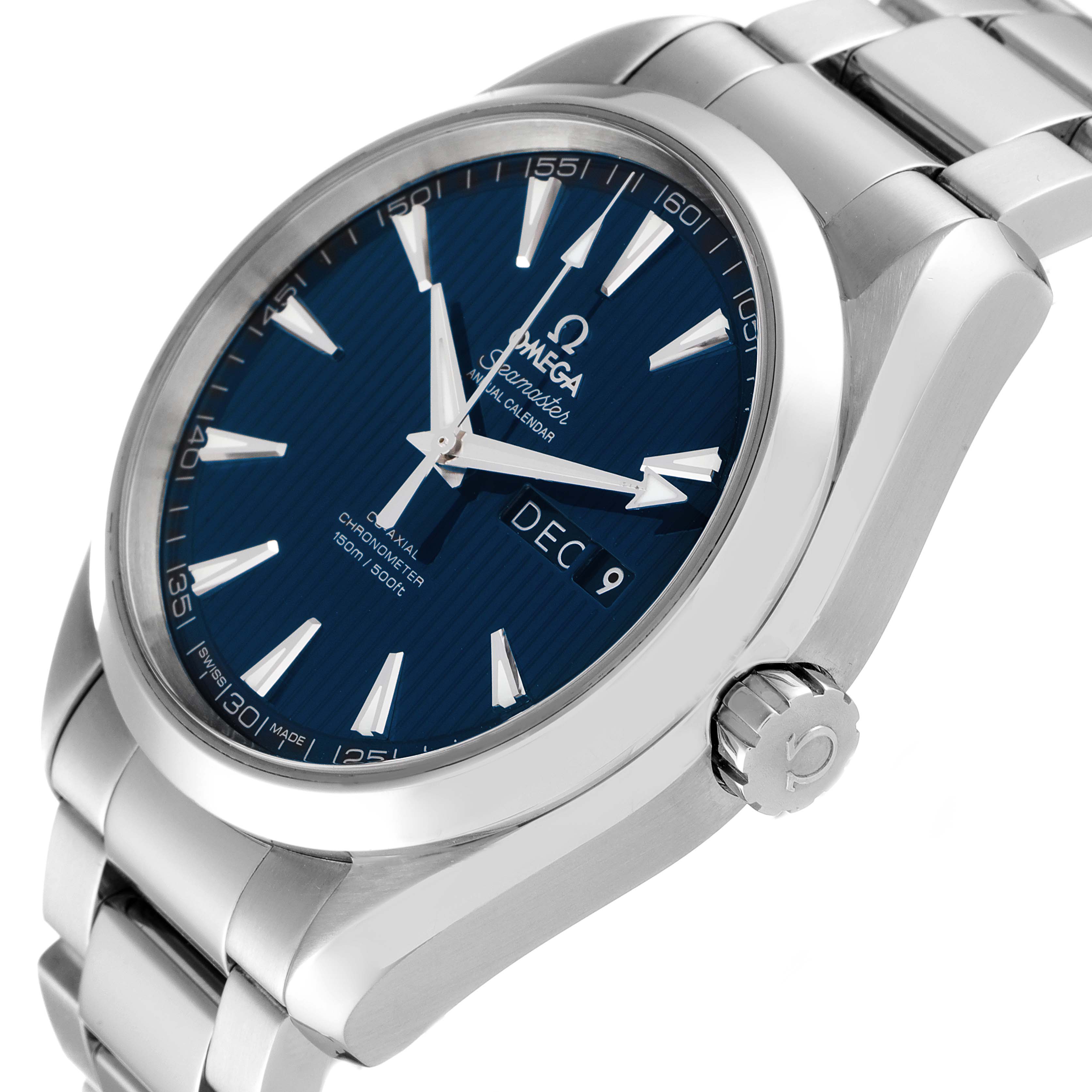 The Aqua Terra model by Omega is shown from a three-quarter angle, highlighting its blue dial, date window, and stainless steel bracelet.