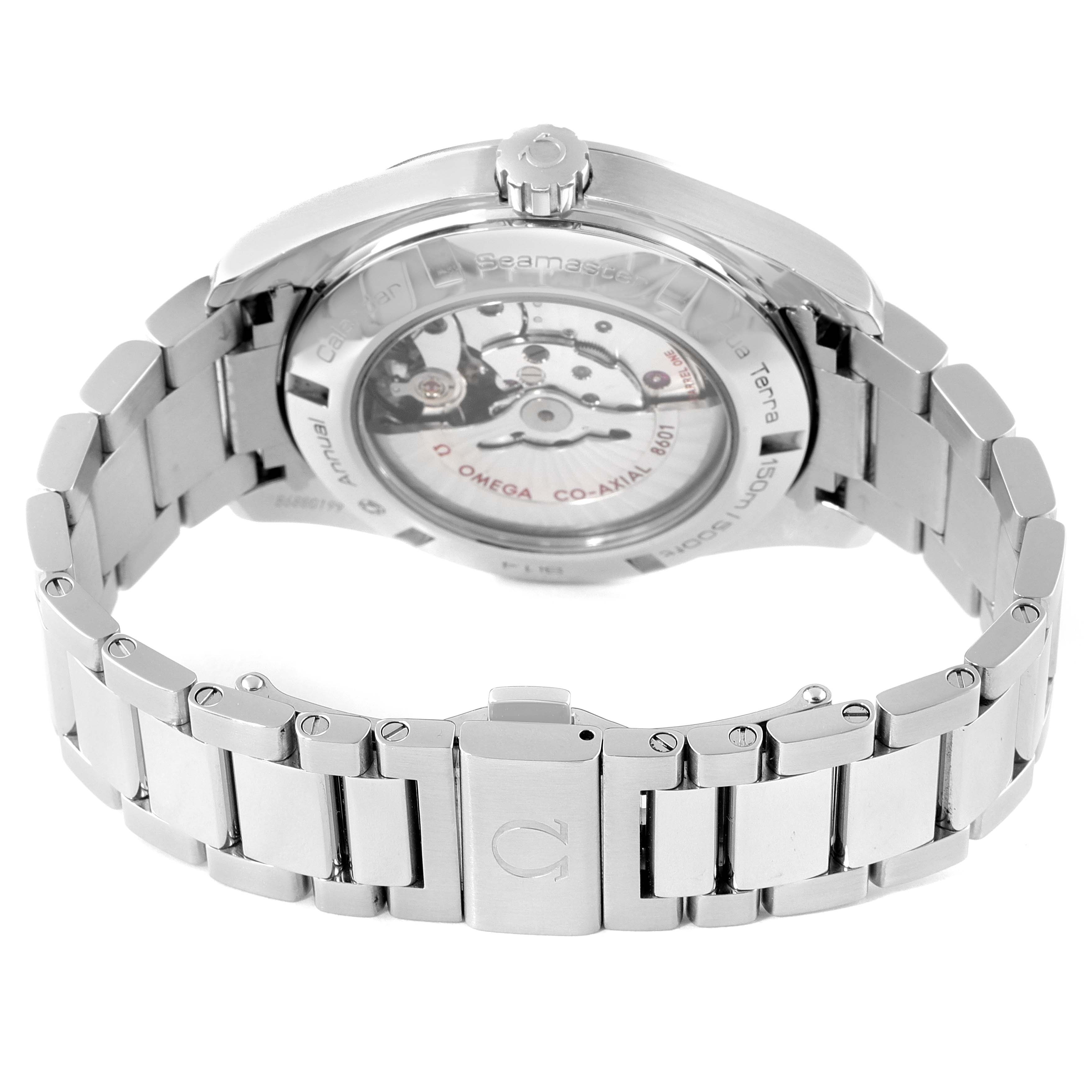 This image shows the back view and bracelet of the Omega Aqua Terra 231.10.43.22.03.002 Men's Stainless Steel Blue Dial 231.10.43.22.03.002 Men's Stainless Steel Blue Dial watch, highlighting the transparent case back and metal bracelet.