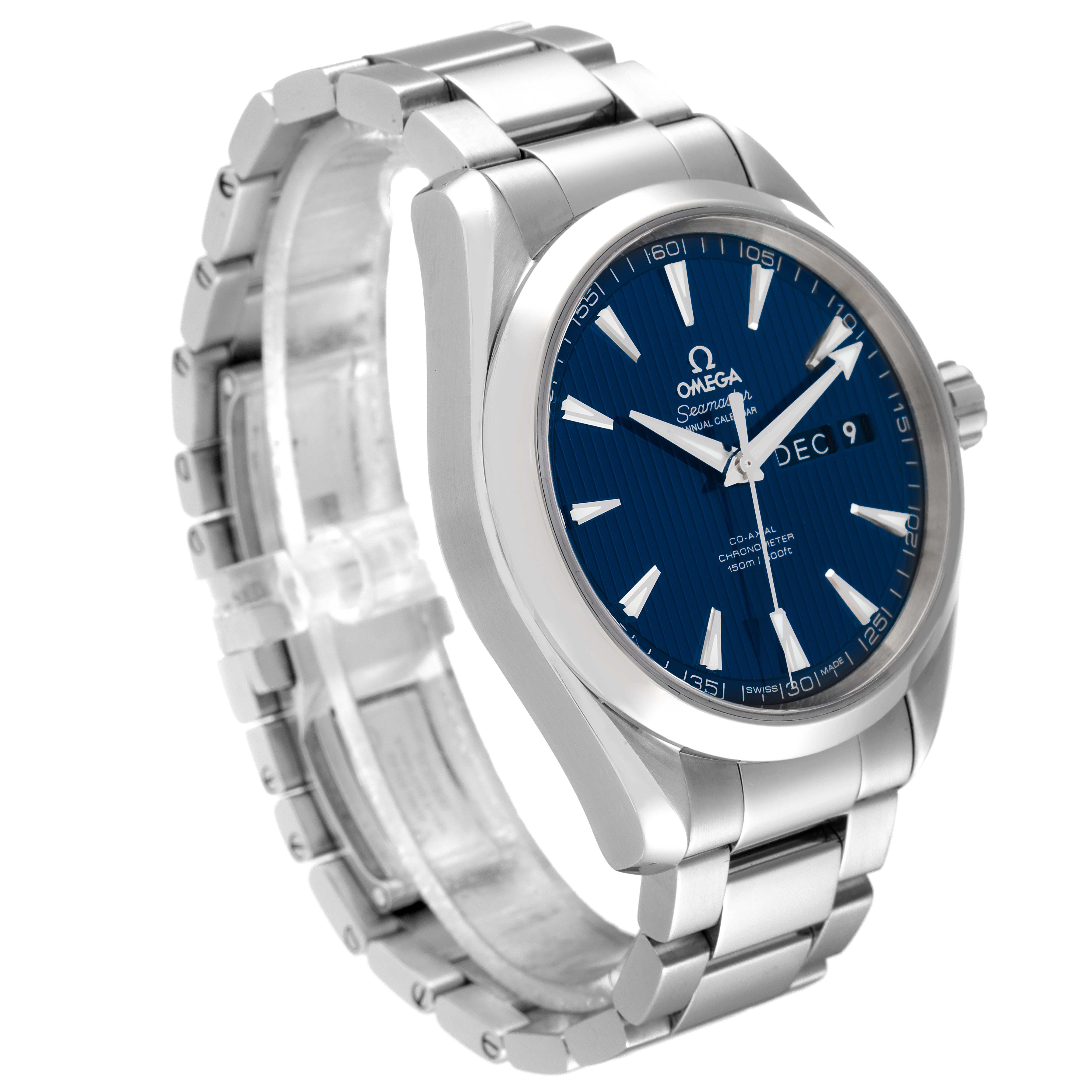 The image shows an angled view of the Aqua Terra model by Omega, highlighting its stainless steel case and blue dial.