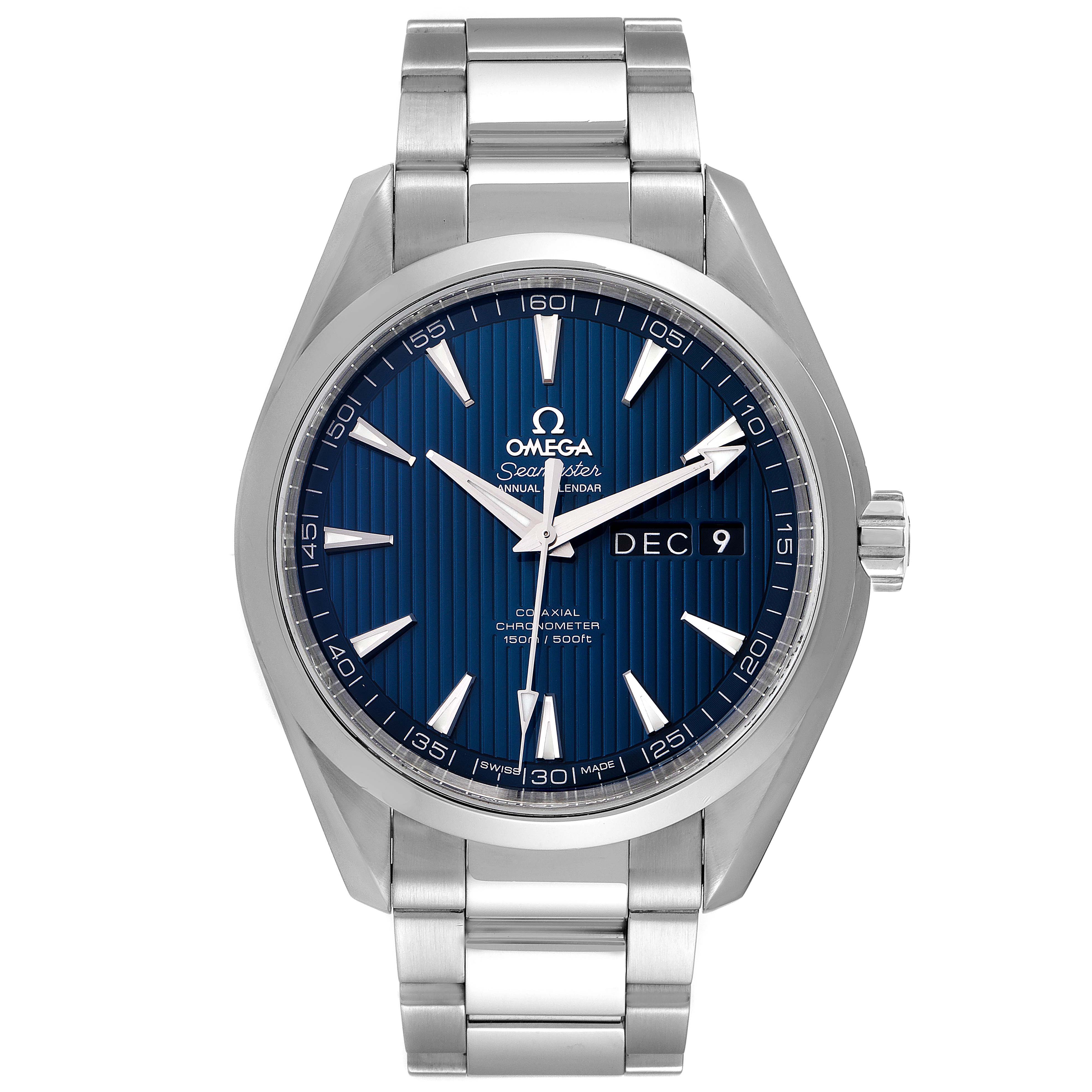 The image shows a front view of an Omega Seamaster Aqua Terra watch with a blue dial and stainless steel bracelet.