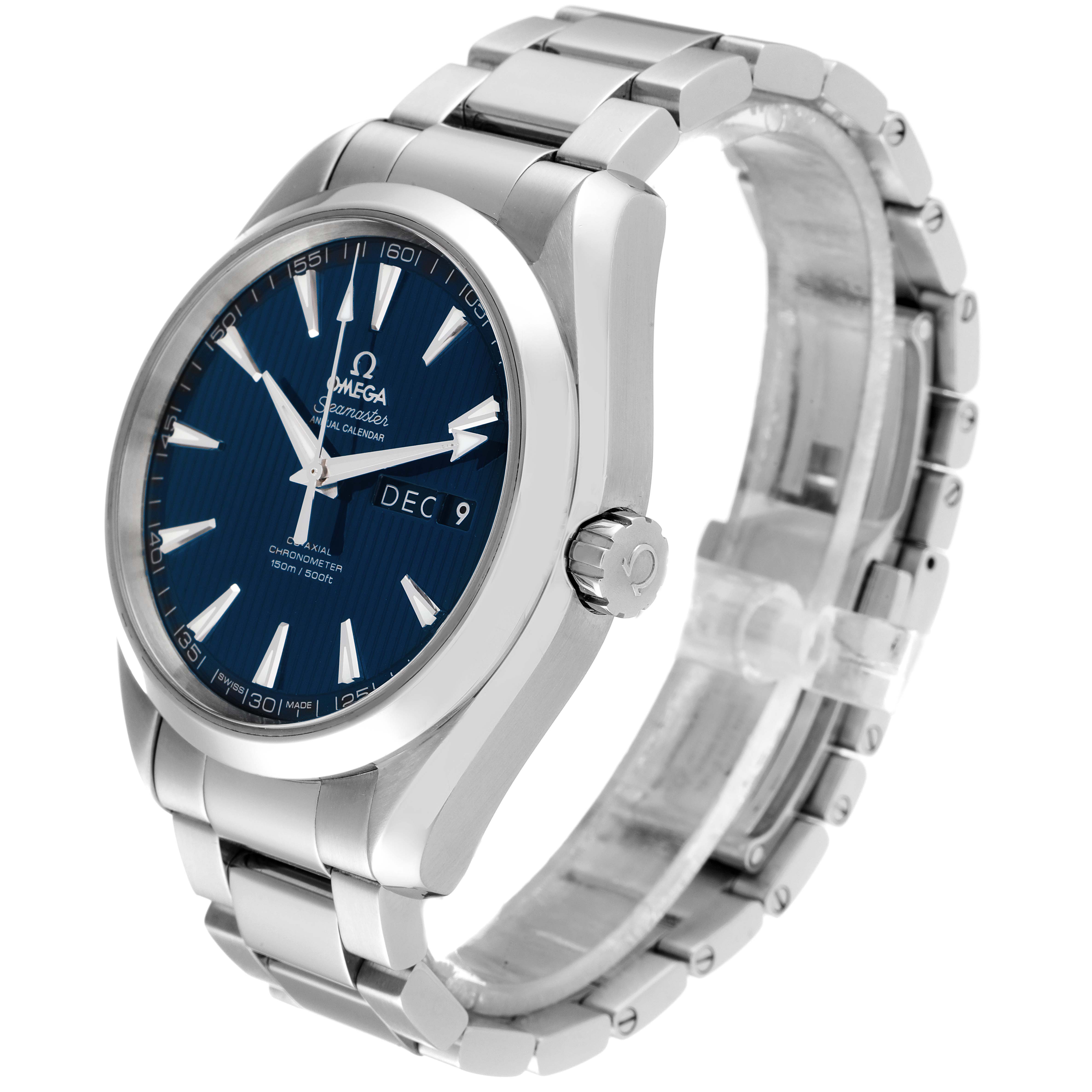 The image shows the Omega Aqua Terra 231.10.43.22.03.002 Men's Stainless Steel Blue Dial 231.10.43.22.03.002 Men's Stainless Steel Blue Dial watch at a slight angle, highlighting the face, bezel, crown, and stainless steel bracelet.