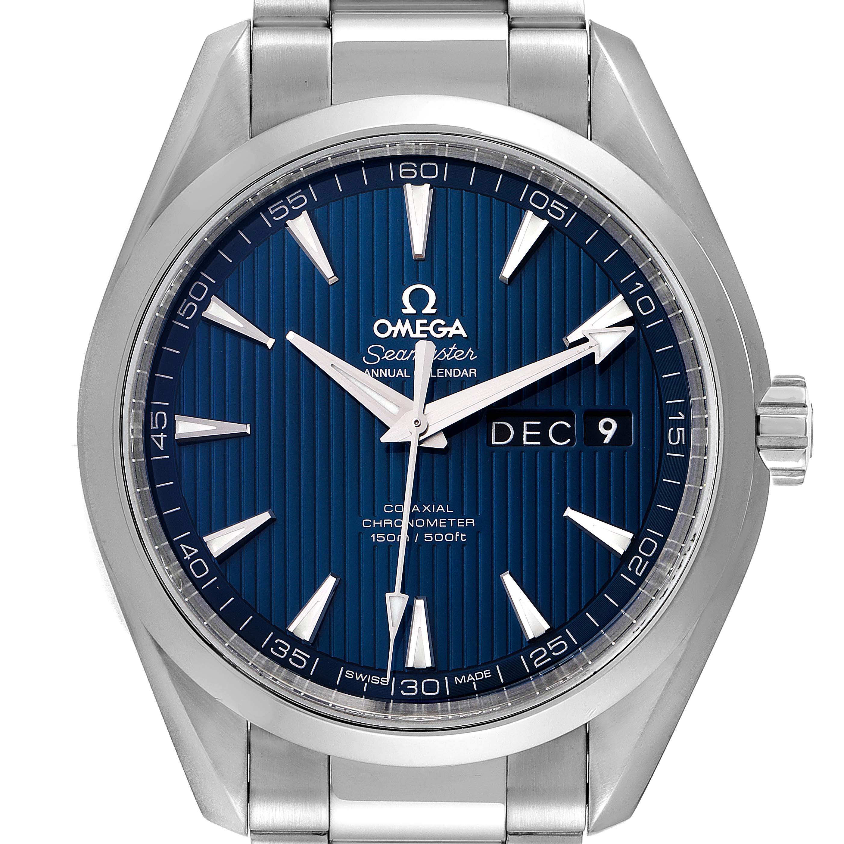 This image shows a front view of the Omega Aqua Terra 231.10.43.22.03.002 Men's Stainless Steel Blue Dial 231.10.43.22.03.002 Men's Stainless Steel Blue Dial model, displaying the face, dial, bezel, and part of the metal band.