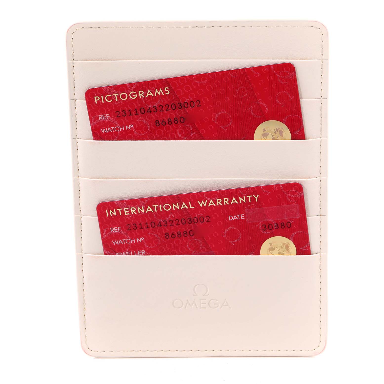 The image shows warranty and pictogram cards for the Omega Aqua Terra 231.10.43.22.03.002 Men's Stainless Steel Blue Dial 231.10.43.22.03.002 Men's Stainless Steel Blue Dial, held in a white cardholder.