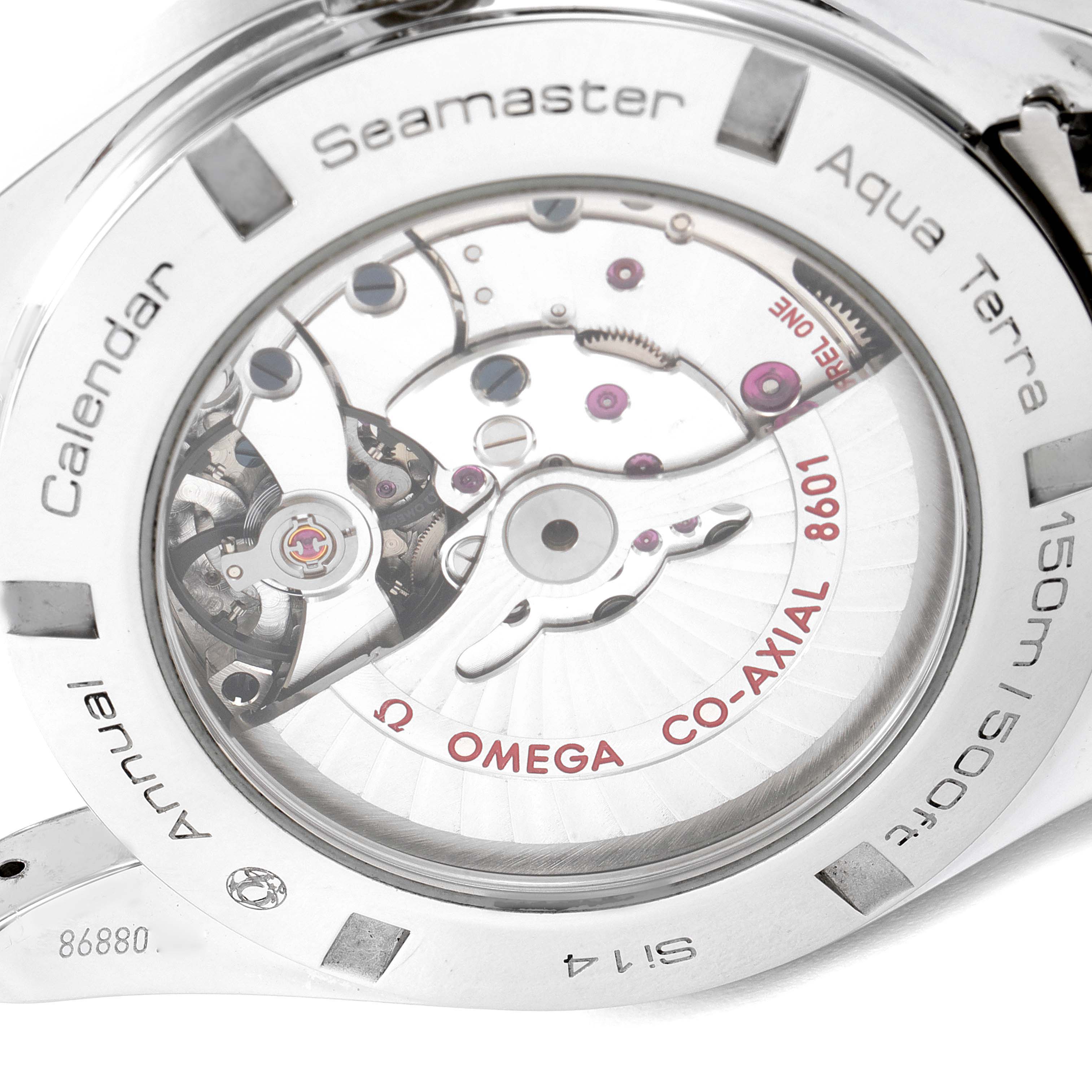 The image shows the back of the Omega Aqua Terra 231.10.43.22.03.002 Men's Stainless Steel Blue Dial 231.10.43.22.03.002 Men's Stainless Steel Blue Dial watch, highlighting its visible movement and engraved details.