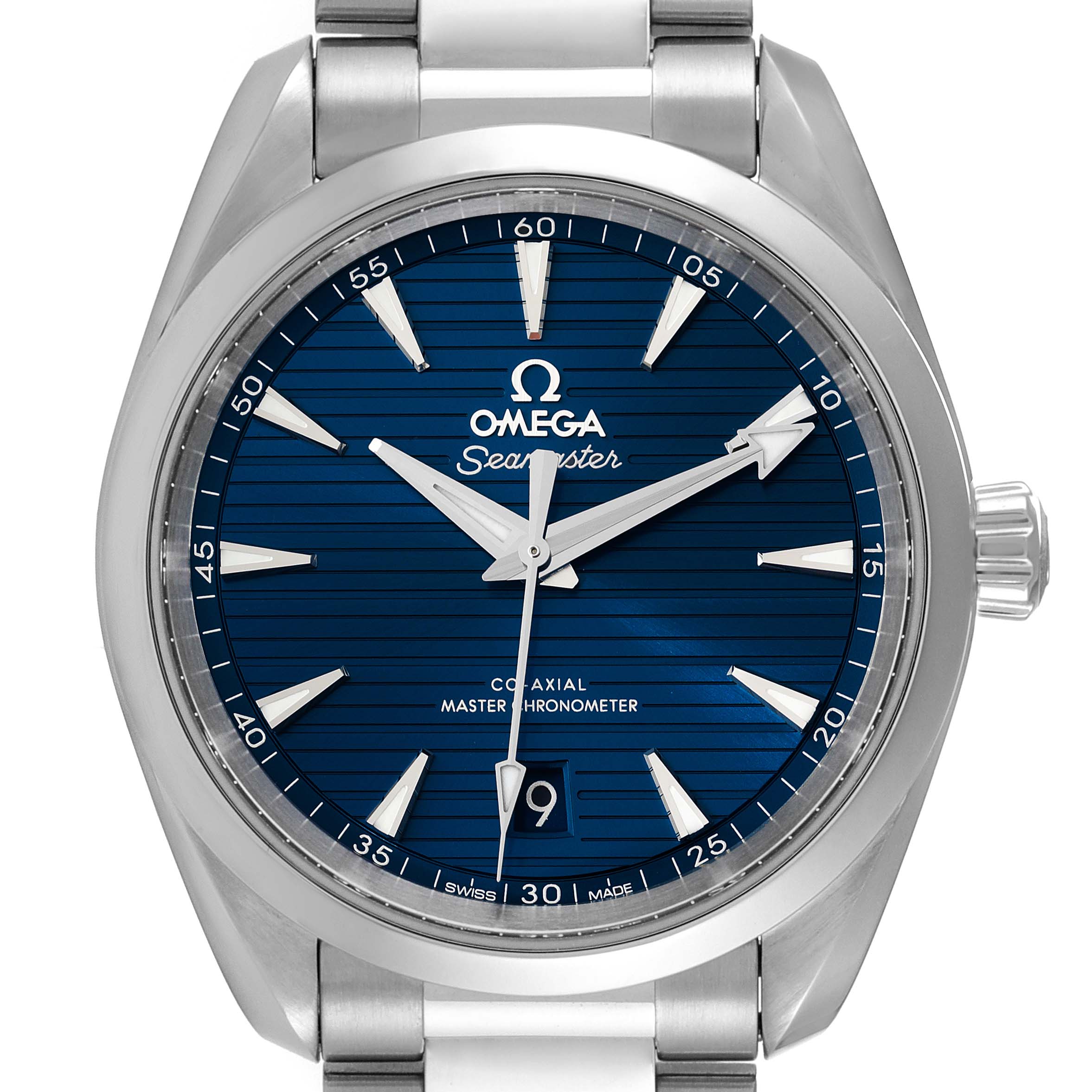 The image shows the front view of the Omega Aqua Terra 220.10.38.20.03.001 Men
s Stainless Steel Blue Dial 220.10.38.20.03.001 Men
s Stainless Steel Blue Dial watch, highlighting its blue dial, hands, hour markers, and date display.
