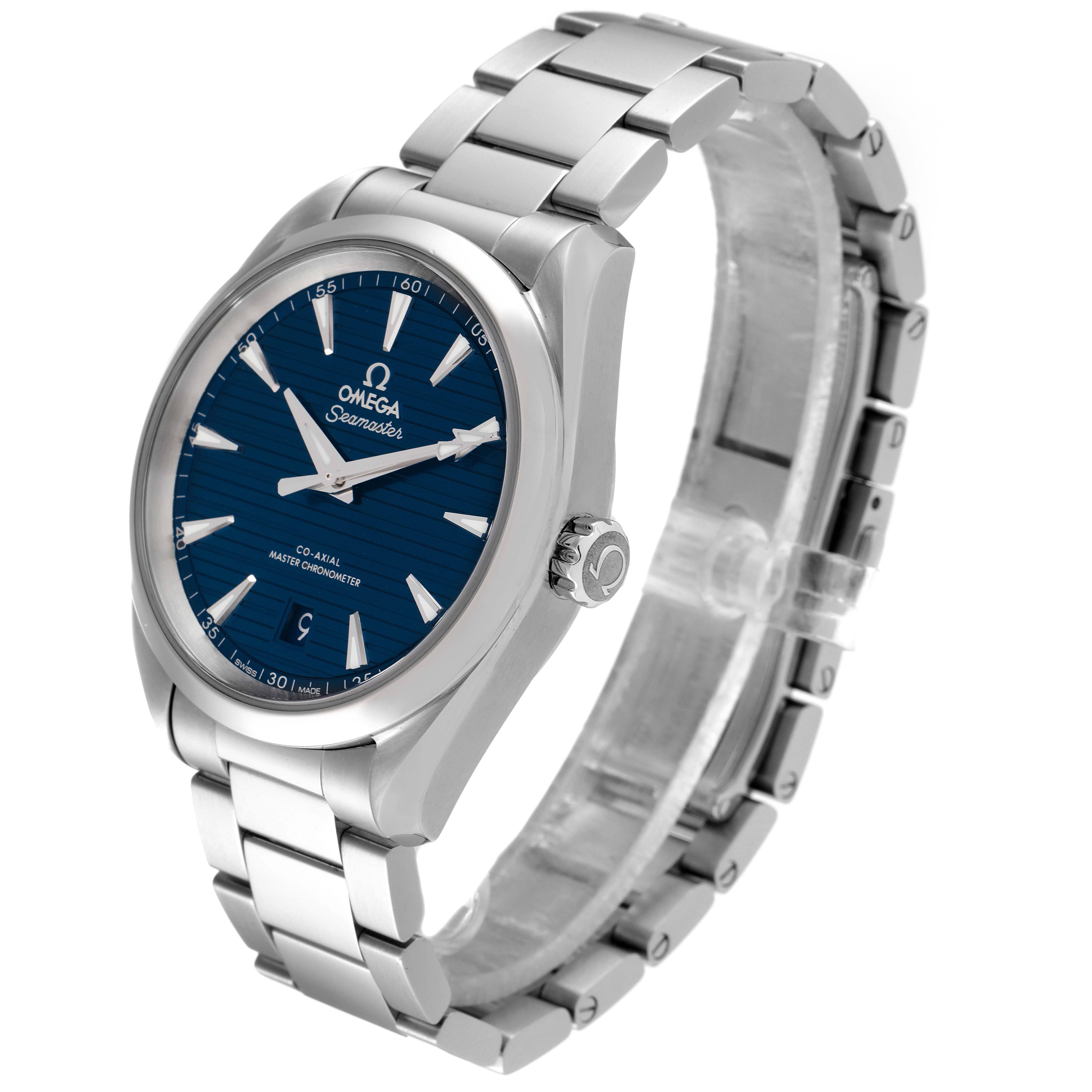 The image shows an Omega Aqua Terra 220.10.38.20.03.001 Men
s Stainless Steel Blue Dial 220.10.38.20.03.001 Men
s Stainless Steel Blue Dial watch, angled slightly to the left, displaying the face, bezel, crown, and bracelet.