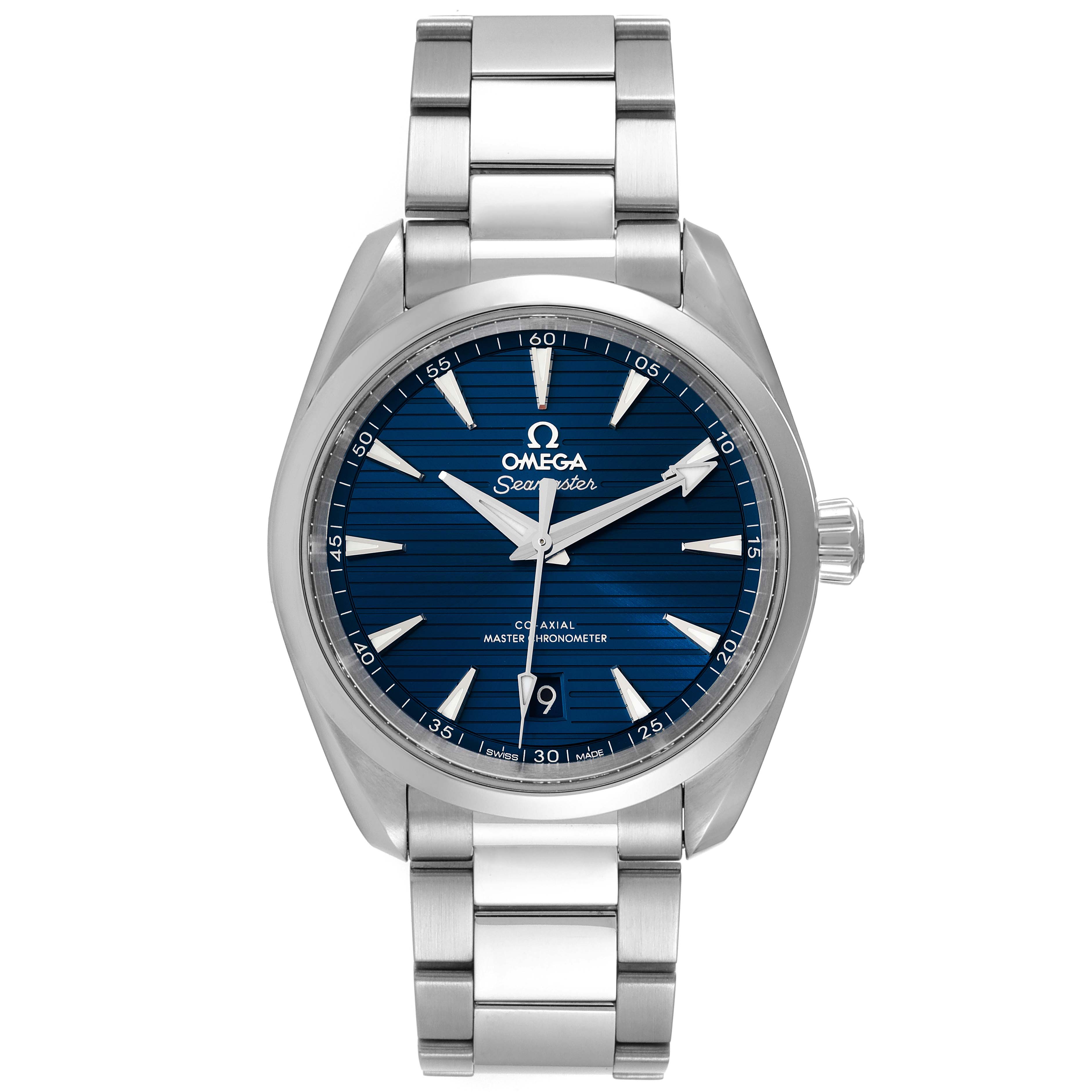 The image shows a front view of the Omega Seamaster Aqua Terra watch, highlighting its blue dial and stainless steel bracelet.