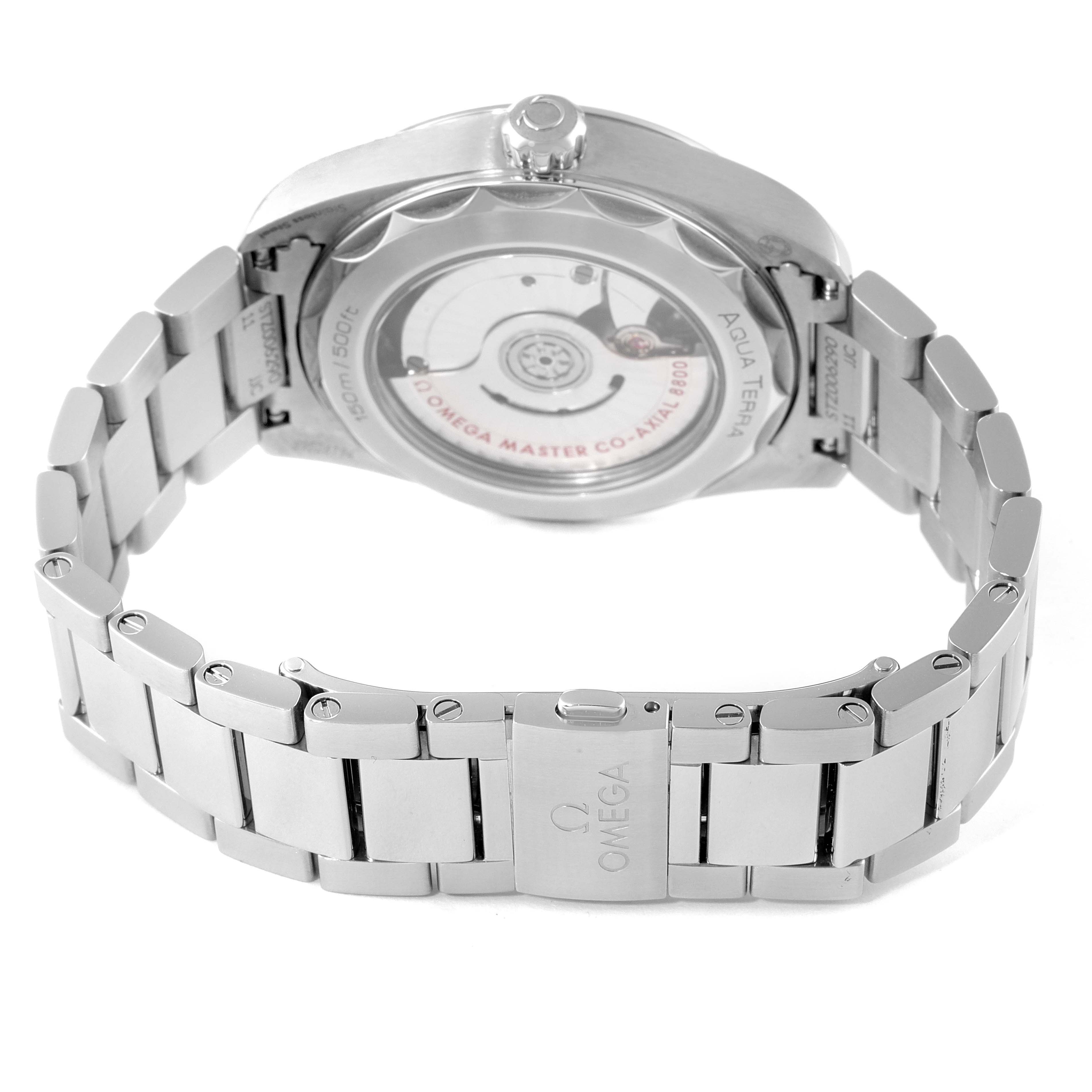 This image shows the backside of the Omega Aqua Terra 220.10.38.20.03.001 Men
s Stainless Steel Blue Dial 220.10.38.20.03.001 Men
s Stainless Steel Blue Dial watch, highlighting its open case back, bracelet, and clasp.