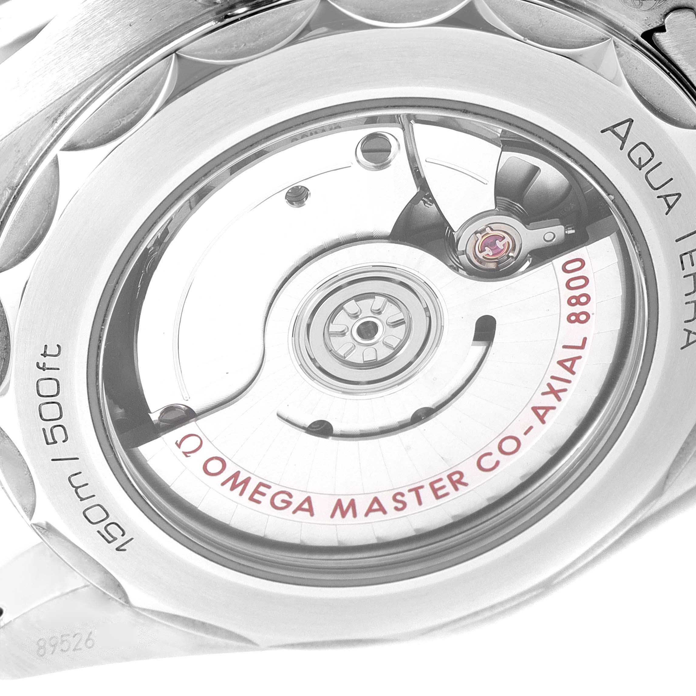 This image shows the back of an Omega Aqua Terra 220.10.38.20.03.001 Men
s Stainless Steel Blue Dial 220.10.38.20.03.001 Men
s Stainless Steel Blue Dial watch, focusing on the movement and detailing like "OMEGA MASTER CO-AXIAL 8800."