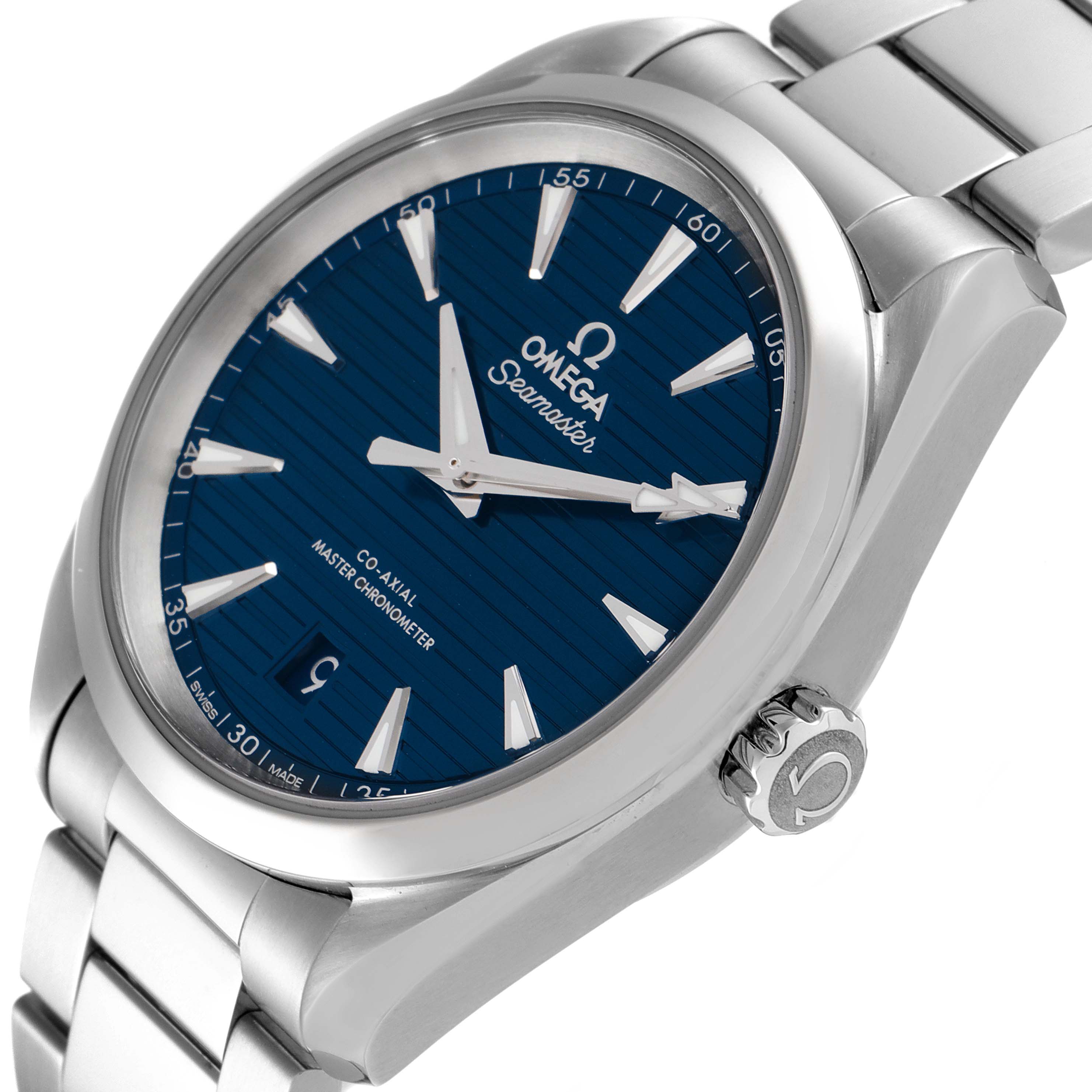 This image shows an angled close-up of the Omega Aqua Terra 220.10.38.20.03.001 Men
s Stainless Steel Blue Dial 220.10.38.20.03.001 Men
s Stainless Steel Blue Dial watch, highlighting the blue dial, case, crown, and part of the metal bracelet.
