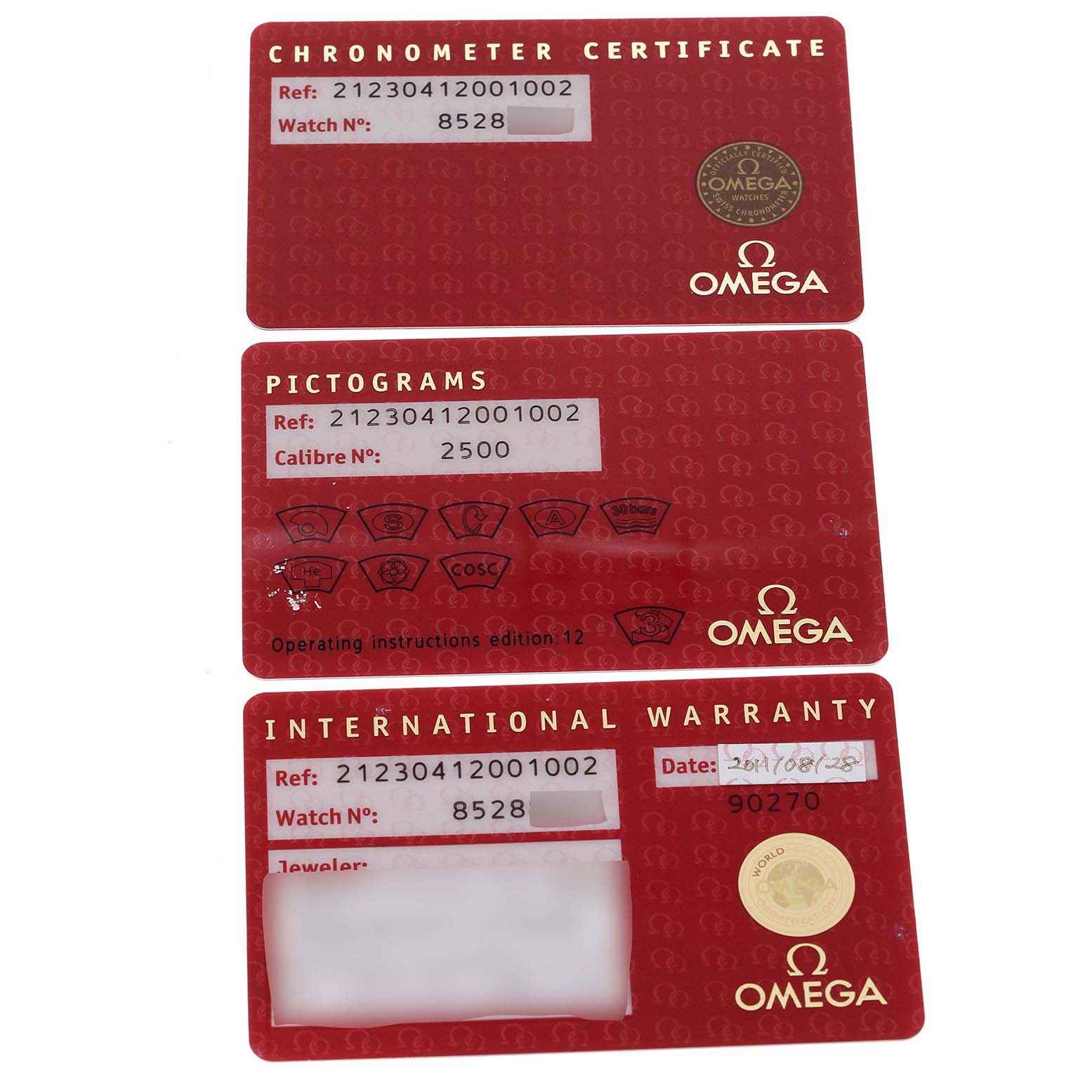 The image shows the Chronometer Certificate, Pictograms, and International Warranty cards for the Omega Seamaster 212.30.41.20.01.002 Men
s Stainless Steel Black Dial 212.30.41.20.01.002 Men
s Stainless Steel Black Dial watch.