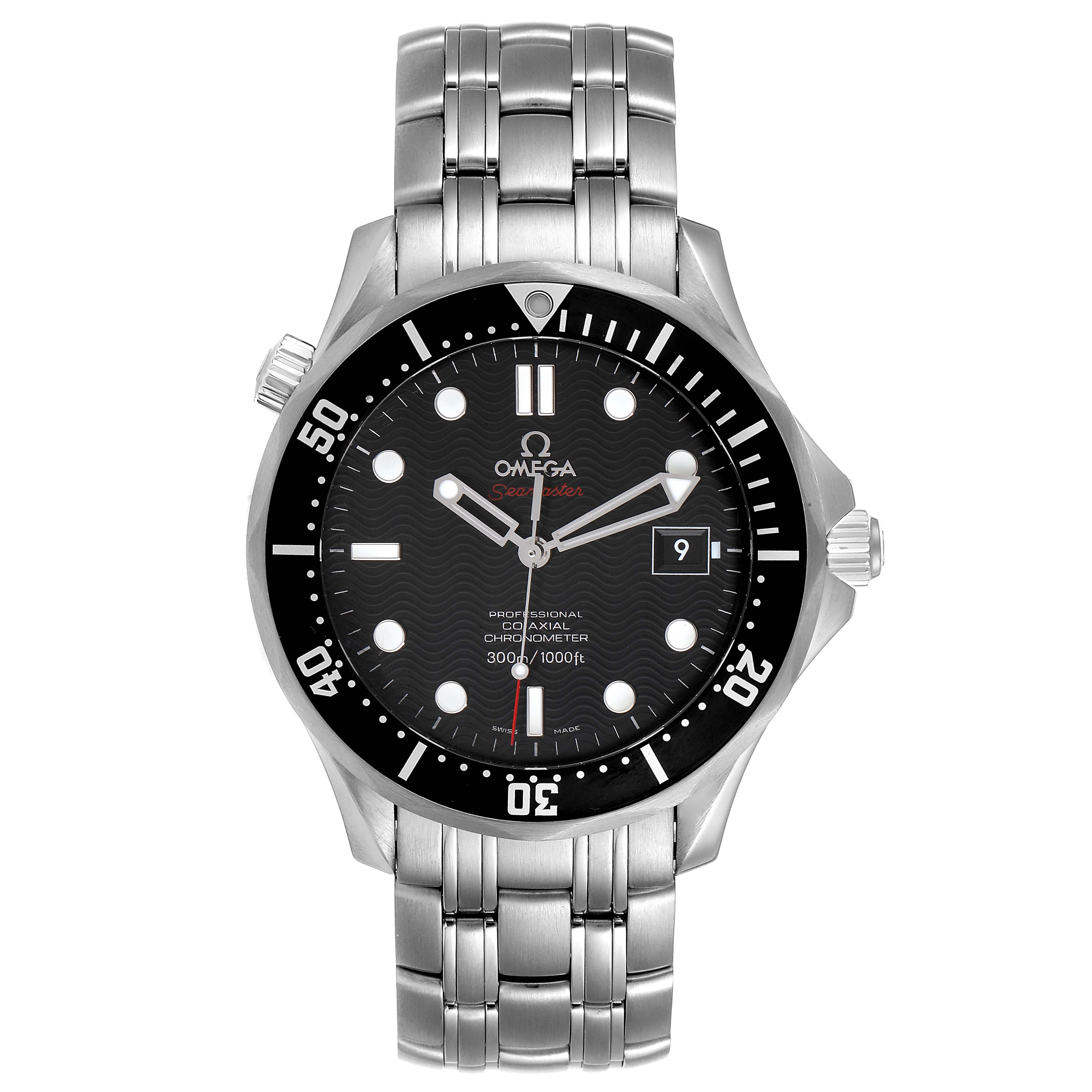 This image shows a full frontal view of the Omega Seamaster 212.30.41.20.01.002 Men
s Stainless Steel Black Dial 212.30.41.20.01.002 Men
s Stainless Steel Black Dial watch, highlighting its face, bezel, and bracelet.