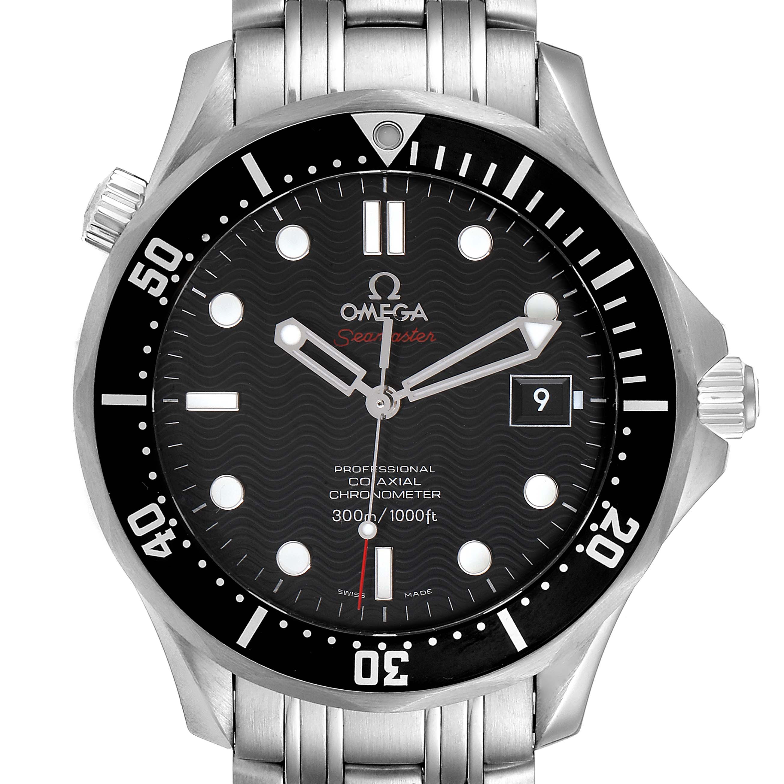 The image shows a front view of the Omega Seamaster 212.30.41.20.01.002 Men
s Stainless Steel Black Dial 212.30.41.20.01.002 Men
s Stainless Steel Black Dial watch, highlighting the dial, bezel, hands, and bracelet.