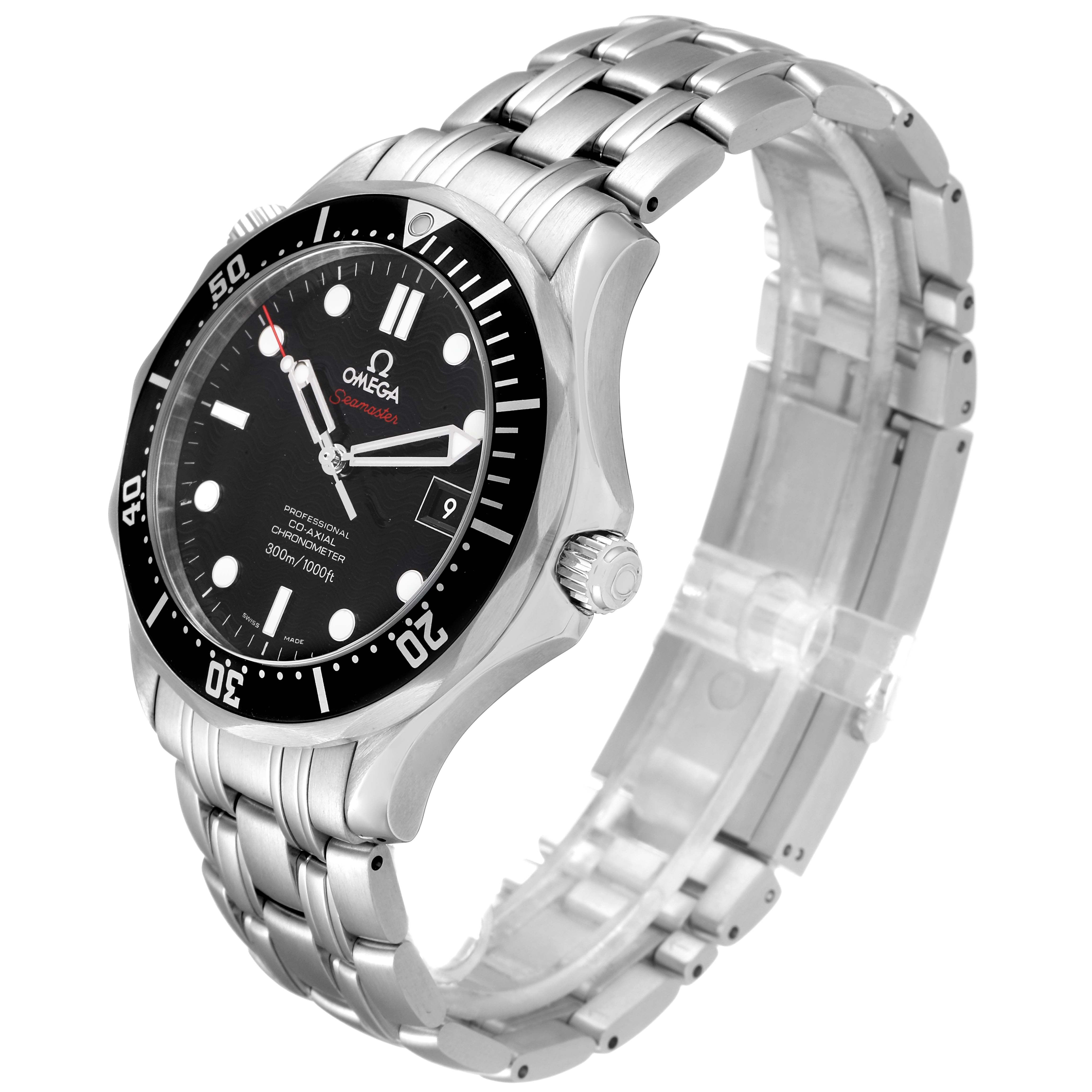 The image shows a side angle of an Omega Seamaster 212.30.41.20.01.002 Men
s Stainless Steel Black Dial 212.30.41.20.01.002 Men
s Stainless Steel Black Dial watch, highlighting the bezel, dial, crown, and stainless steel bracelet.