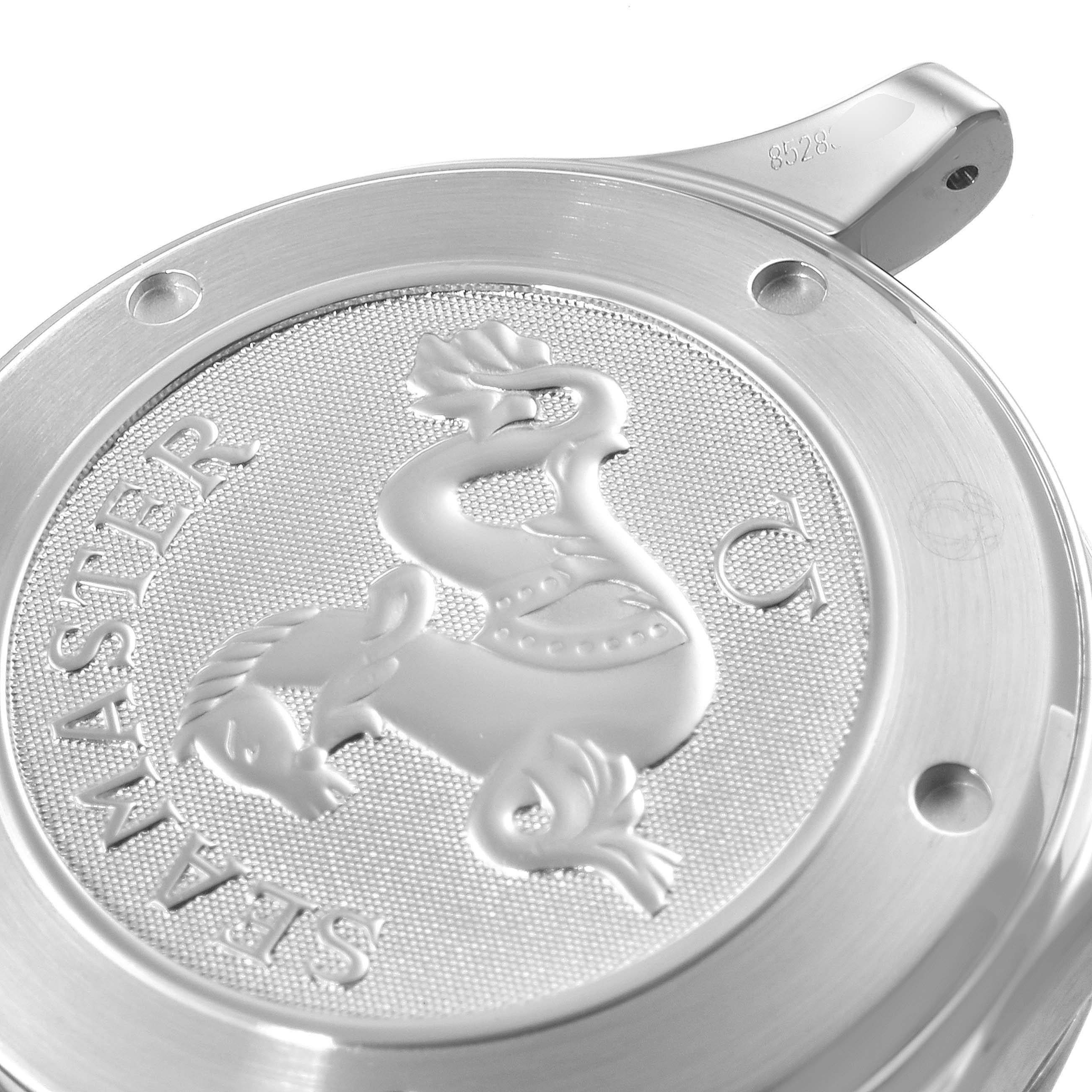 The image shows the case back of an Omega Seamaster 212.30.41.20.01.002 Men
s Stainless Steel Black Dial 212.30.41.20.01.002 Men
s Stainless Steel Black Dial watch, featuring the Seahorse engraving.