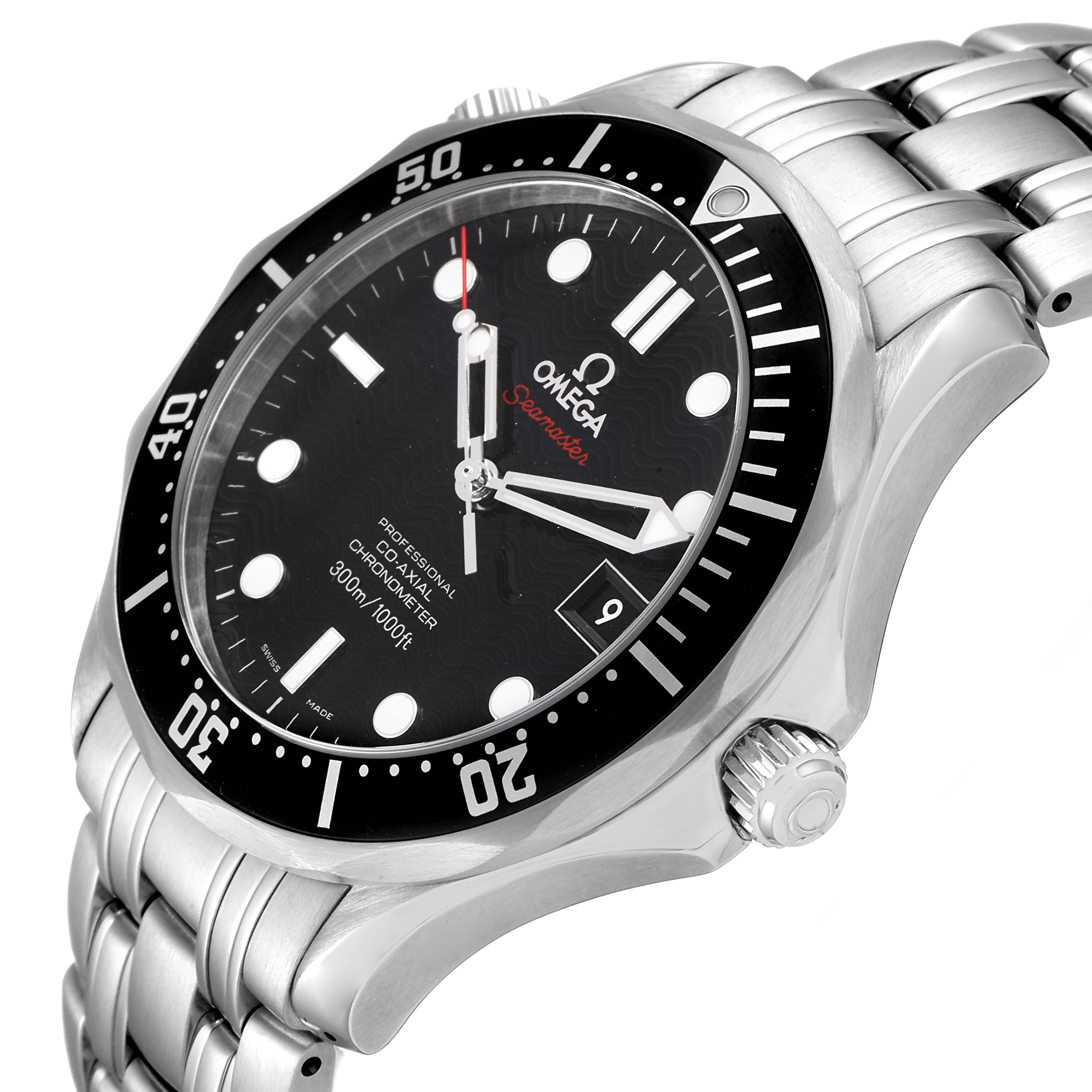 The image shows a close-up angle of the Omega Seamaster 212.30.41.20.01.002 Men
s Stainless Steel Black Dial 212.30.41.20.01.002 Men
s Stainless Steel Black Dial watch, emphasizing the dial, bezel, crown, and stainless steel bracelet.