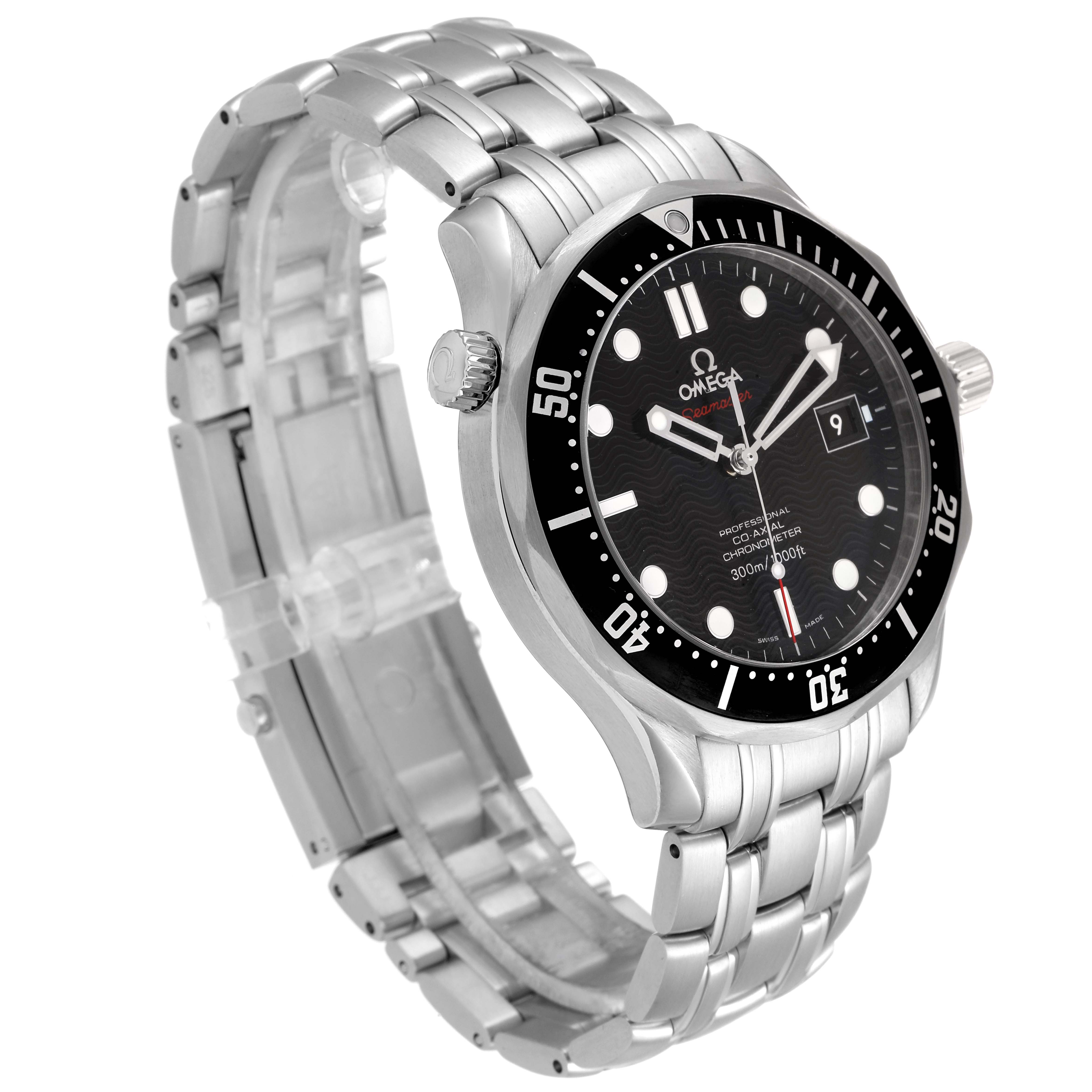 This image shows a side angle view of the Omega Seamaster 212.30.41.20.01.002 Men
s Stainless Steel Black Dial 212.30.41.20.01.002 Men
s Stainless Steel Black Dial, highlighting its stainless steel bracelet and black dial.