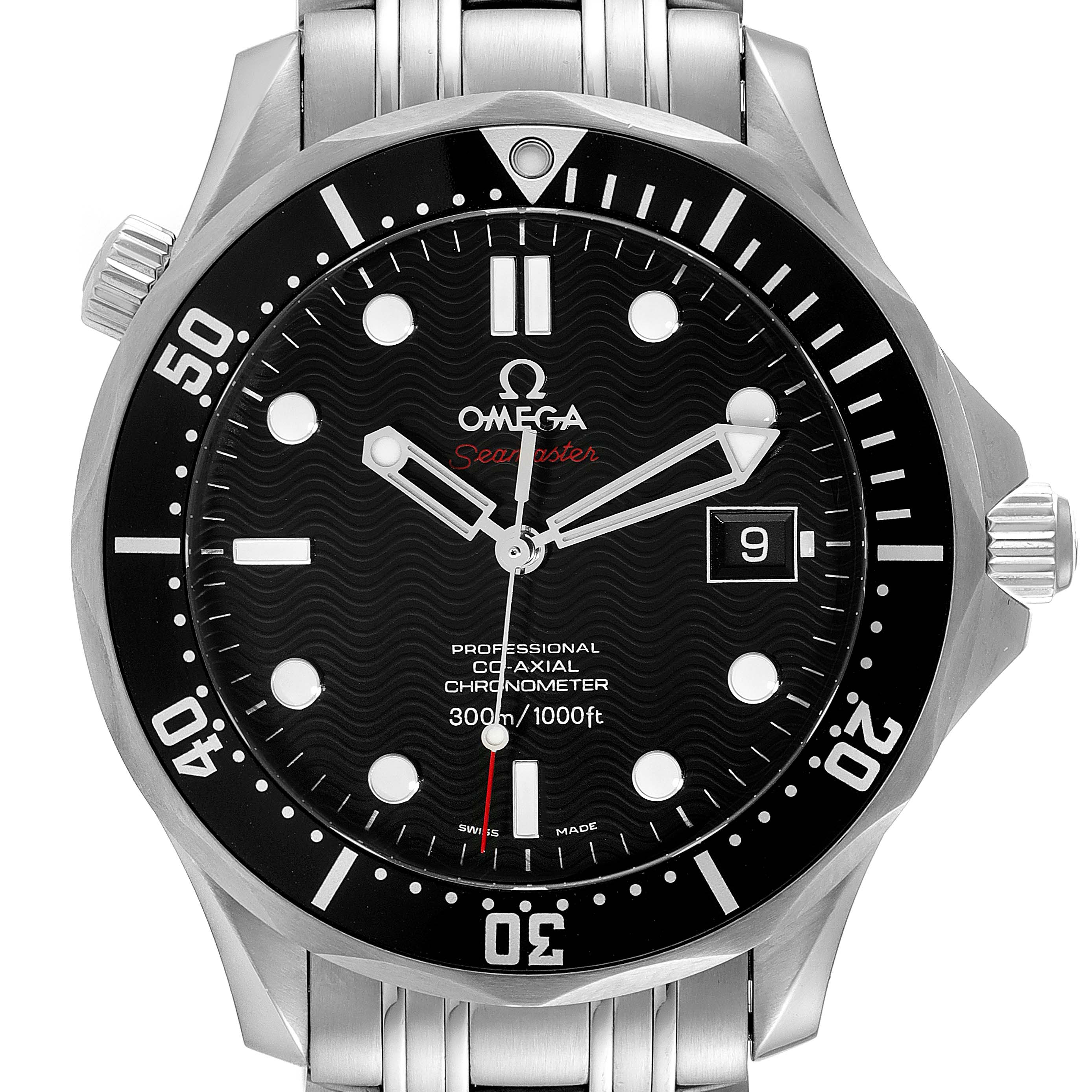 The image shows a front view of the Omega Seamaster 212.30.41.20.01.002 Men's Stainless Steel Black Dial 212.30.41.20.01.002 Men's Stainless Steel Black Dial watch, highlighting the dial, bezel, and steel bracelet.