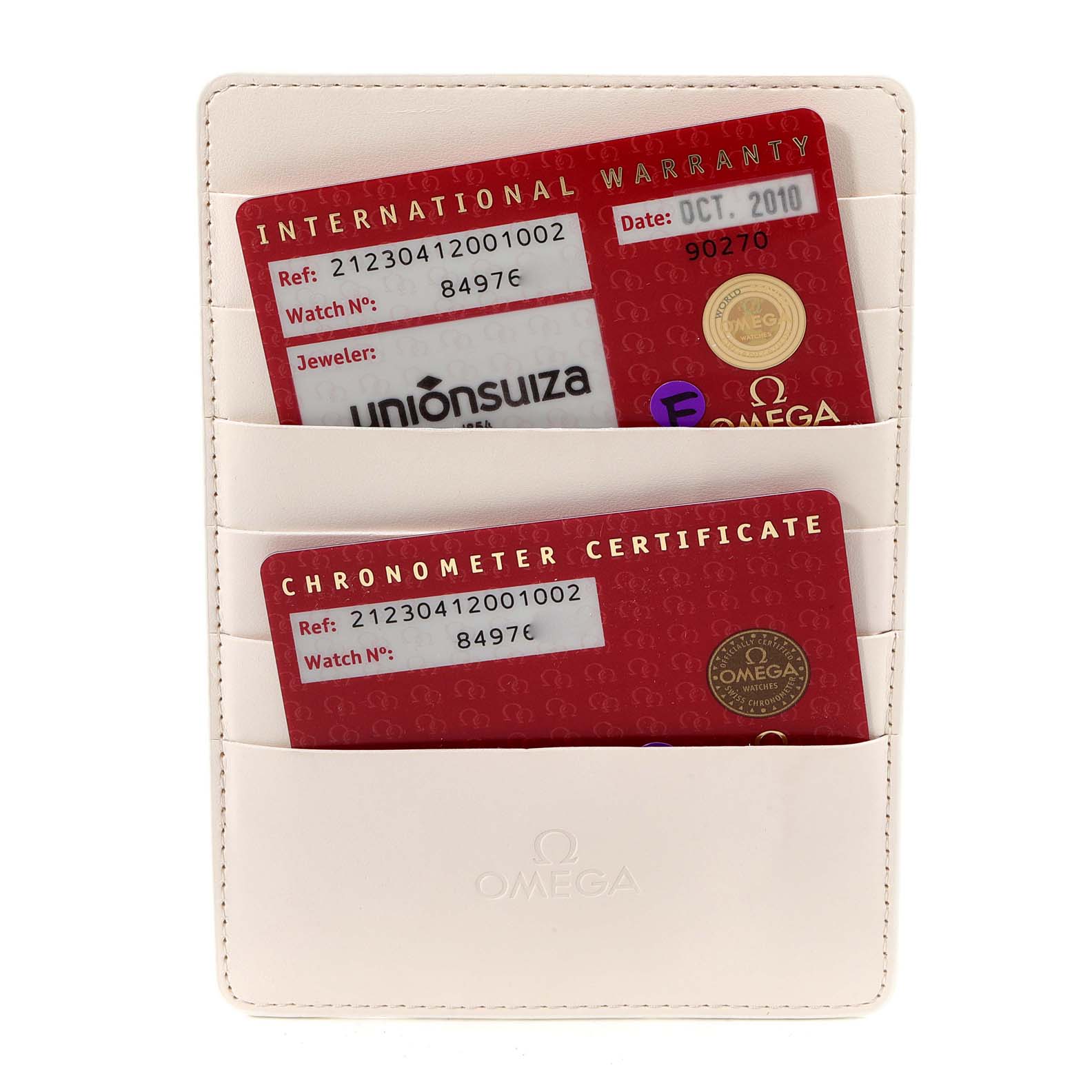 This image shows the international warranty and chronometer certificate cards for an Omega Seamaster 212.30.41.20.01.002 Men's Stainless Steel Black Dial 212.30.41.20.01.002 Men's Stainless Steel Black Dial watch in a white Omega cardholder.