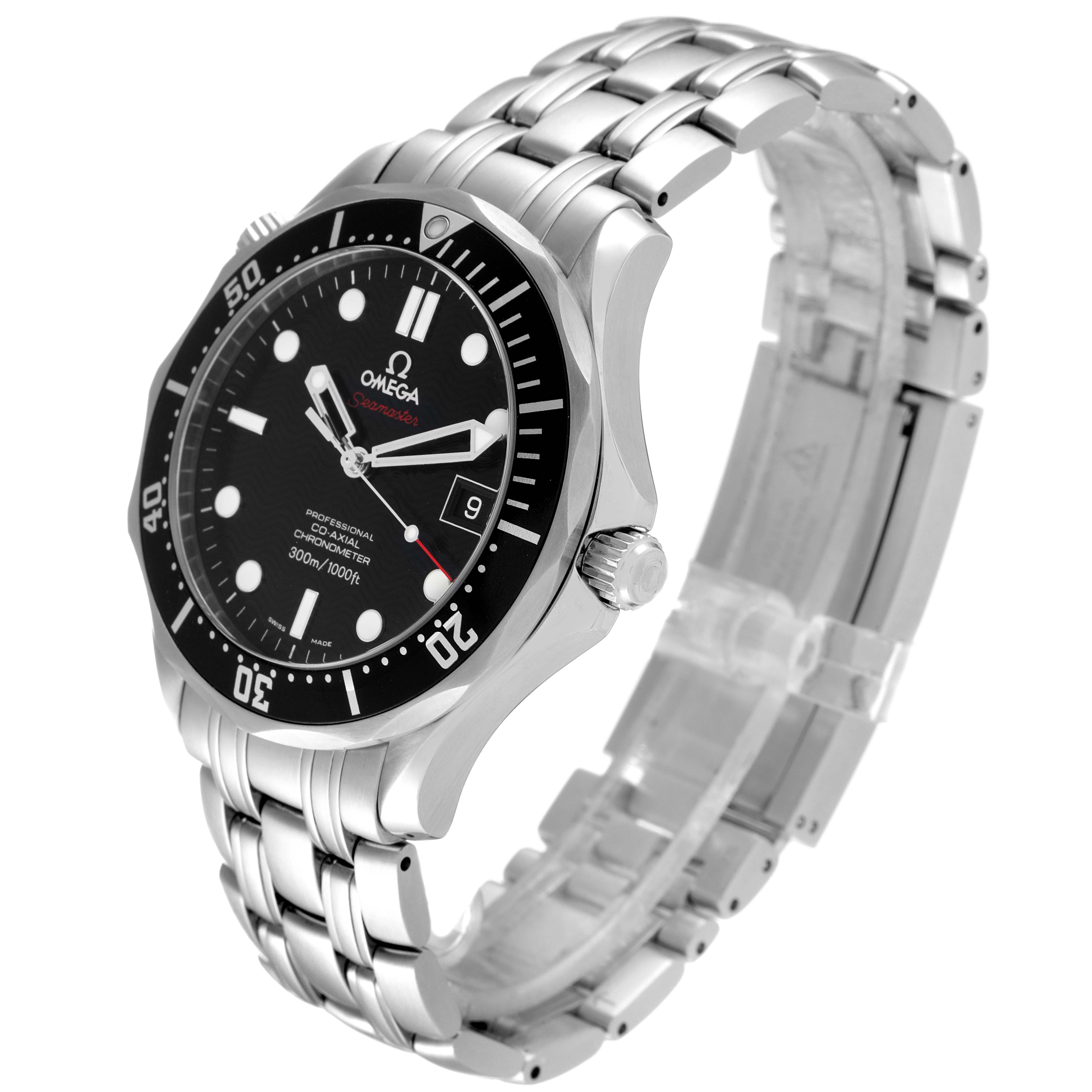 The Omega Seamaster 212.30.41.20.01.002 Men's Stainless Steel Black Dial 212.30.41.20.01.002 Men's Stainless Steel Black Dial watch is shown at a three-quarter angle, displaying the face, bezel, crown, and bracelet.