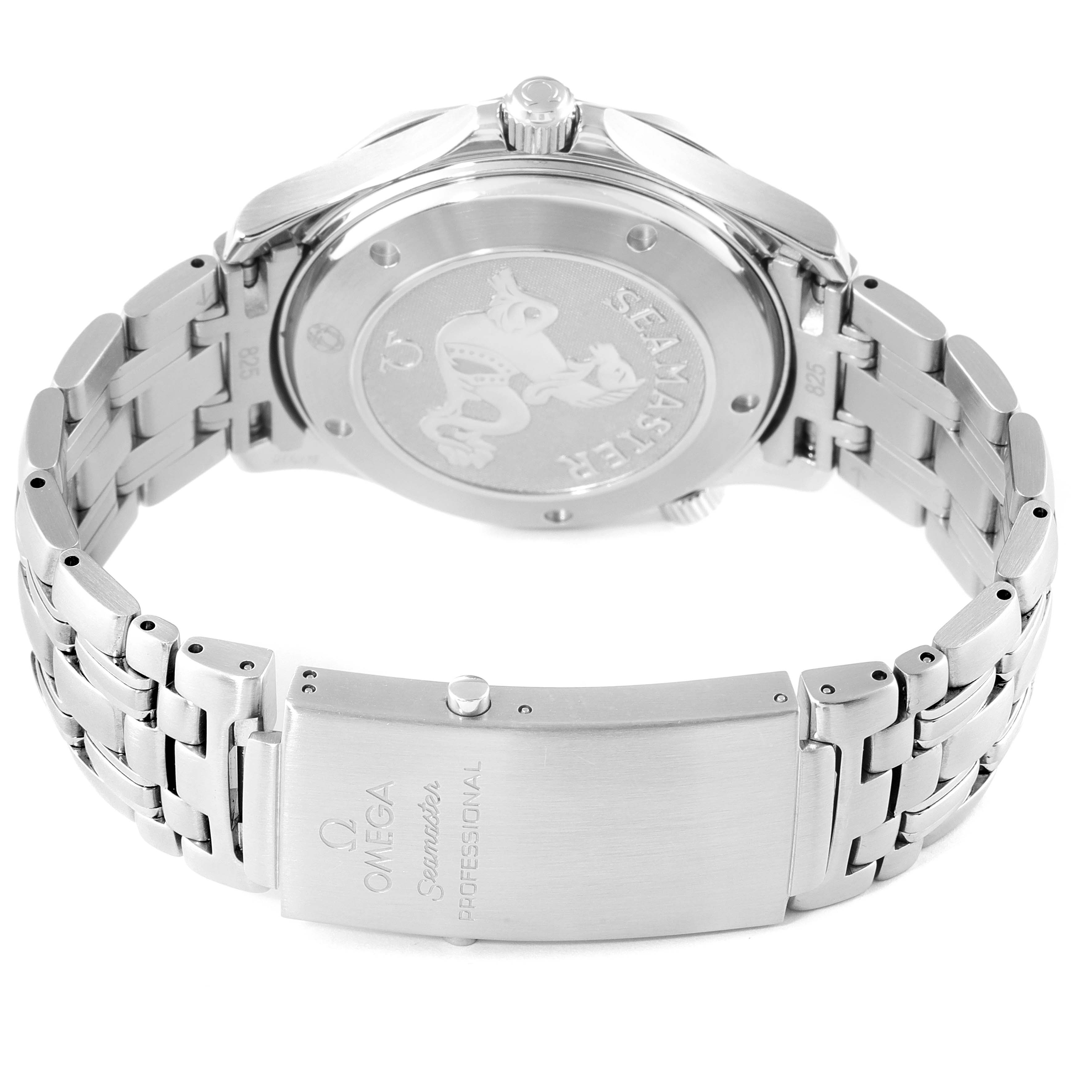 This image shows the back view and clasp of the Omega Seamaster 212.30.41.20.01.002 Men's Stainless Steel Black Dial 212.30.41.20.01.002 Men's Stainless Steel Black Dial watch, featuring its stainless steel bracelet and engraved case back.